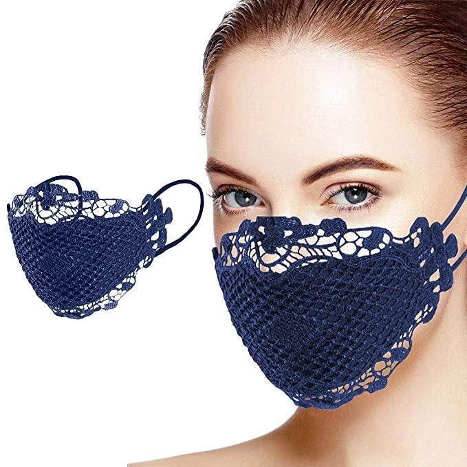 Navy lace face mask from the Couture Collection, featuring adjustable ear-loops and a stylish design for special occasions.