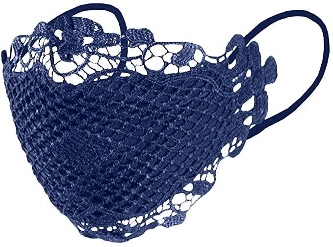 Navy lace face mask from the Couture Collection, featuring adjustable ear-loops and a stylish design for special occasions.