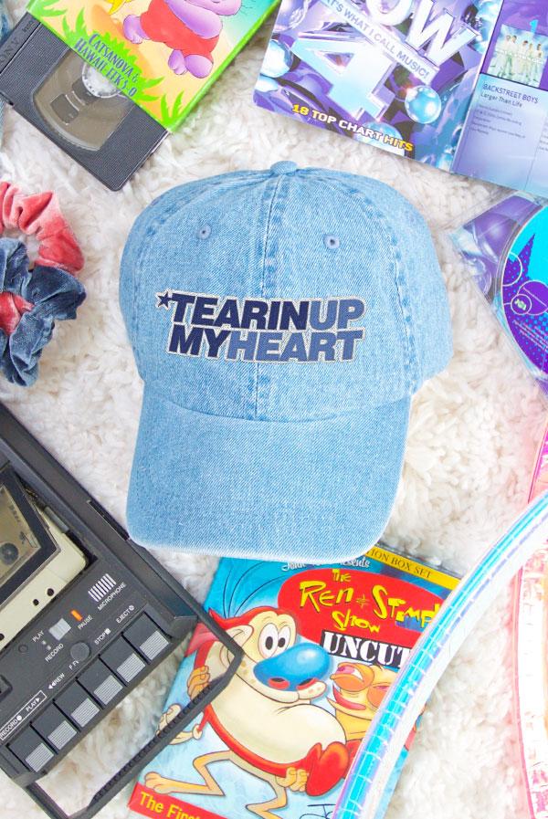 Denim cap among nostalgic items.