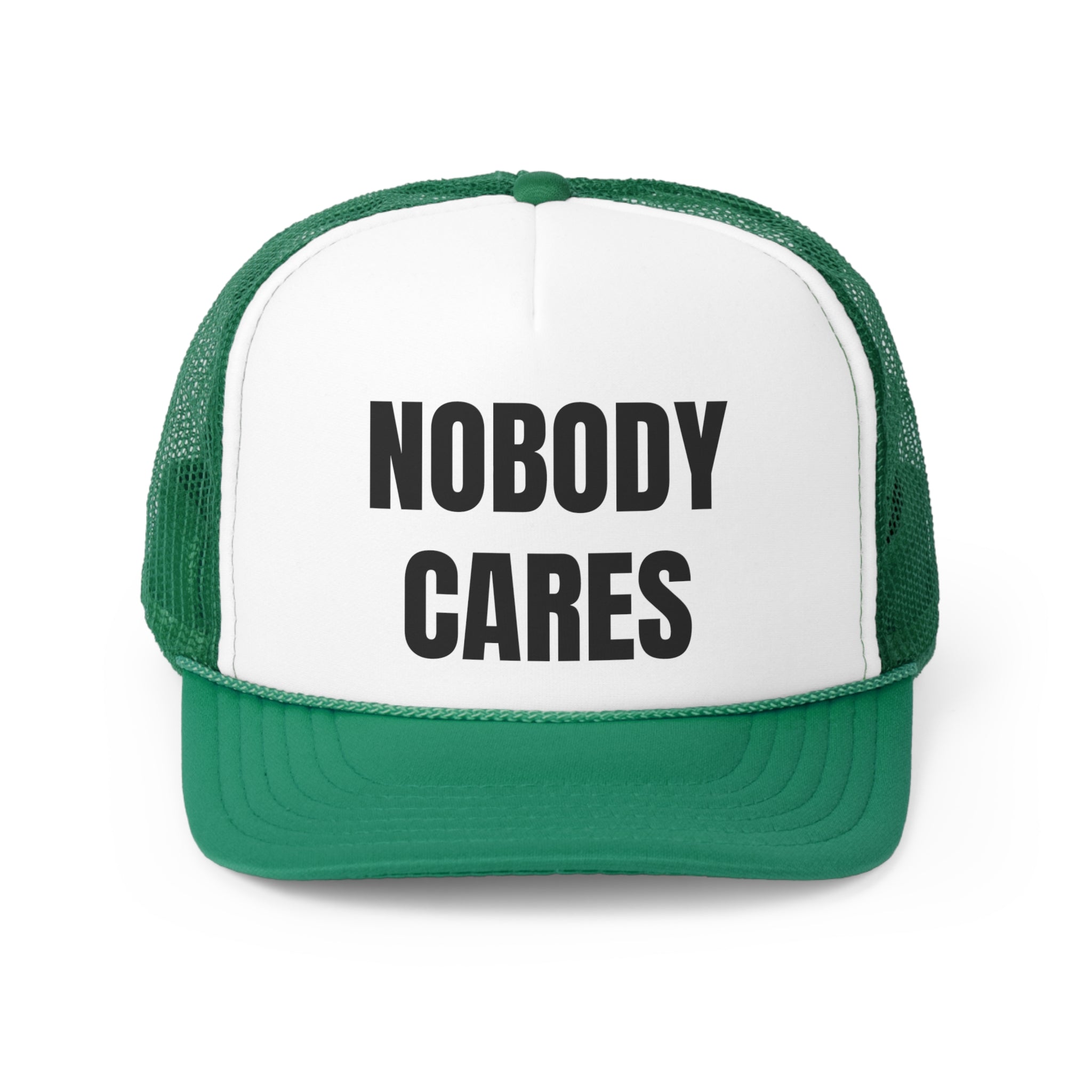 A humorous trucker hat with the phrase 'Nobody Cares' prominently displayed, featuring a durable polyester front and breathable mesh back.