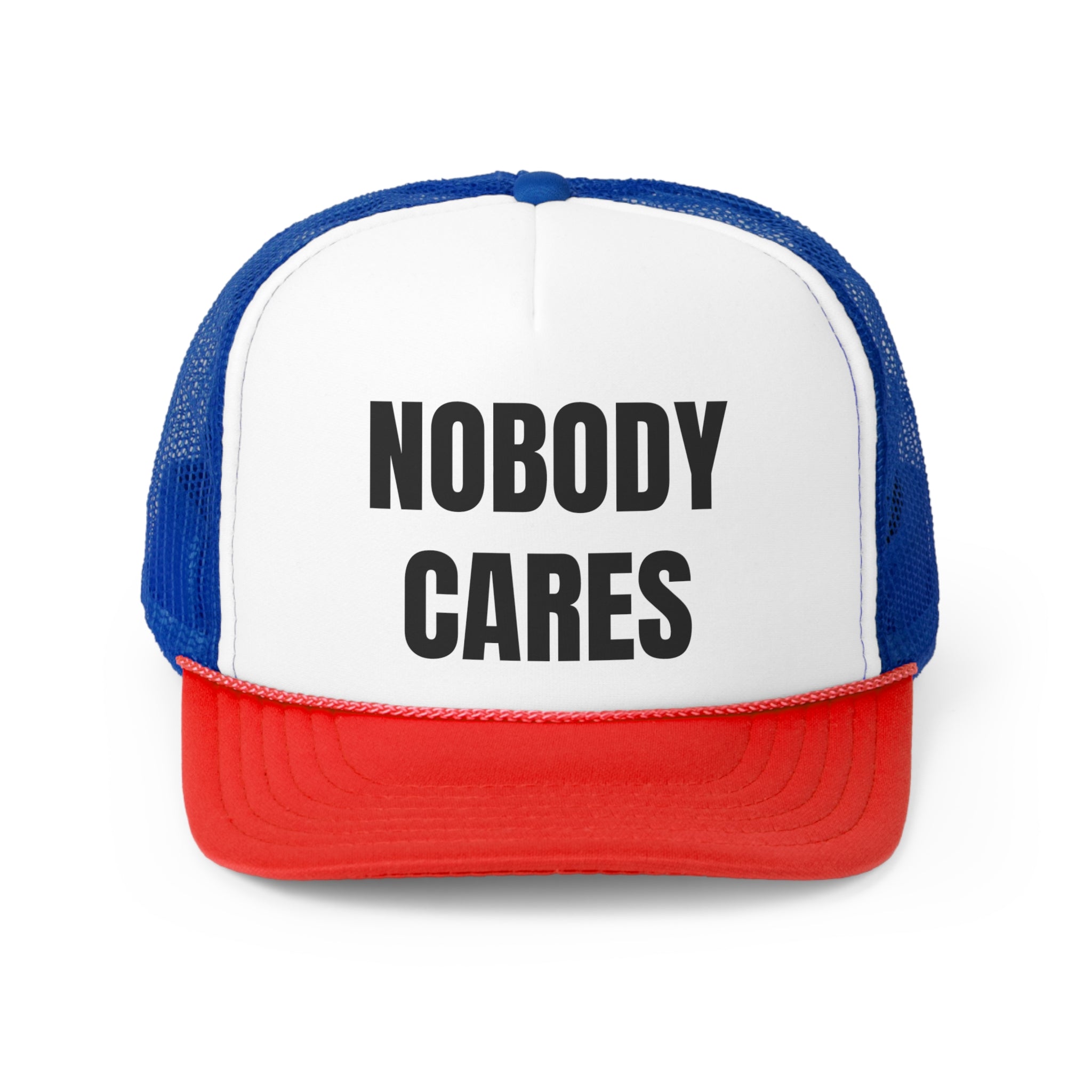 A humorous trucker hat with the phrase 'Nobody Cares' prominently displayed, featuring a durable polyester front and breathable mesh back.