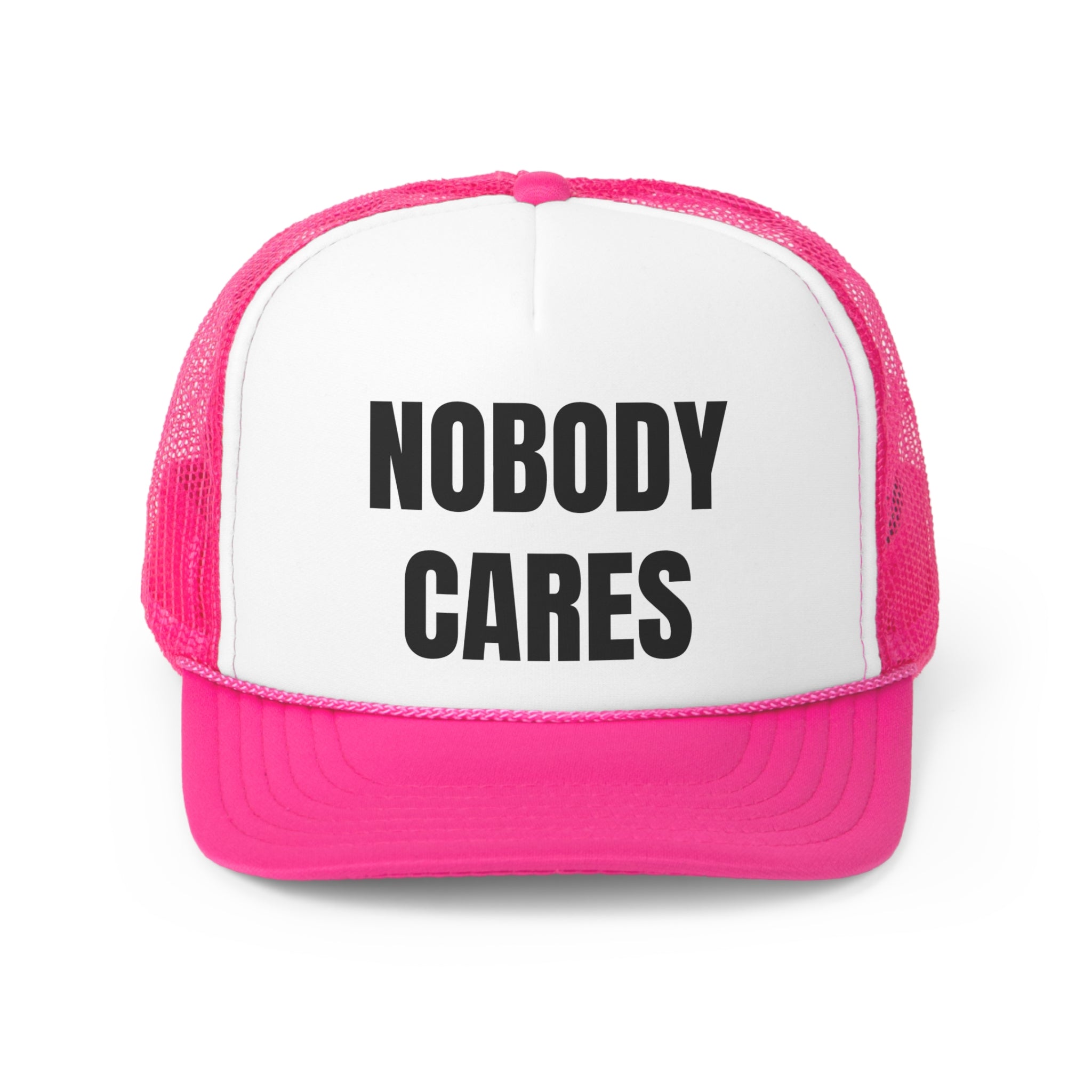 A humorous trucker hat with the phrase 'Nobody Cares' prominently displayed, featuring a durable polyester front and breathable mesh back.