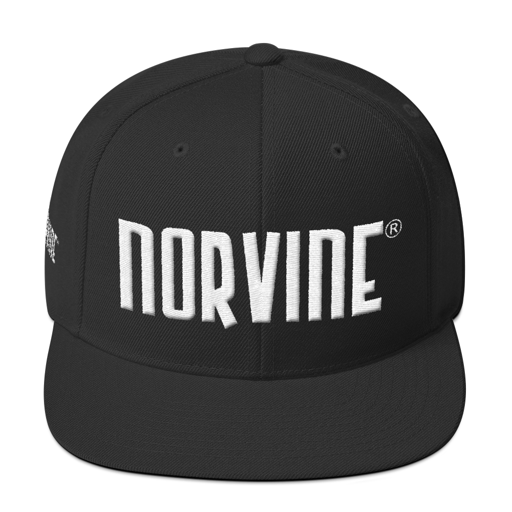 Norvine Wool Blend Snapback hat in three colors with flat brim and adjustable snap closure, showcasing structured design and green under visor.