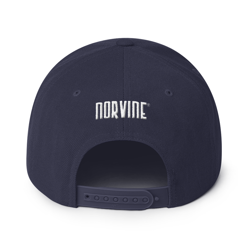 Norvine Wool Blend Snapback hat in three colors with flat brim and adjustable snap closure, showcasing structured design and green under visor.