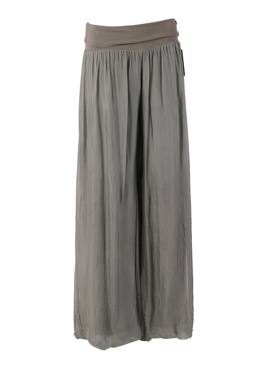 Olive 'Donna' Italian Silk Palazzo Pant showcasing luxurious silk fabric and elegant wide-leg design.