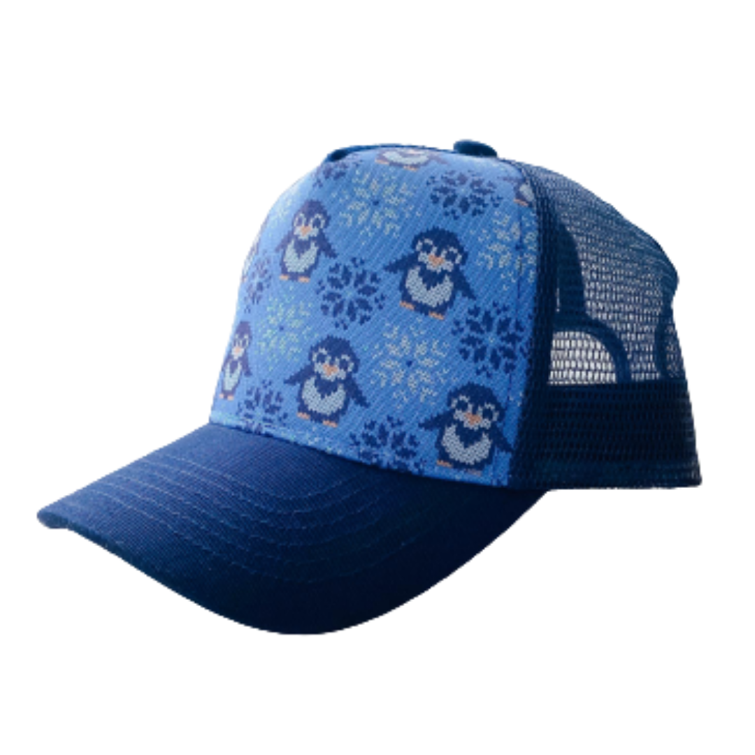 Toddler-sized trucker hat featuring a cozy penguin sweater design with a dark blue visor and mesh.