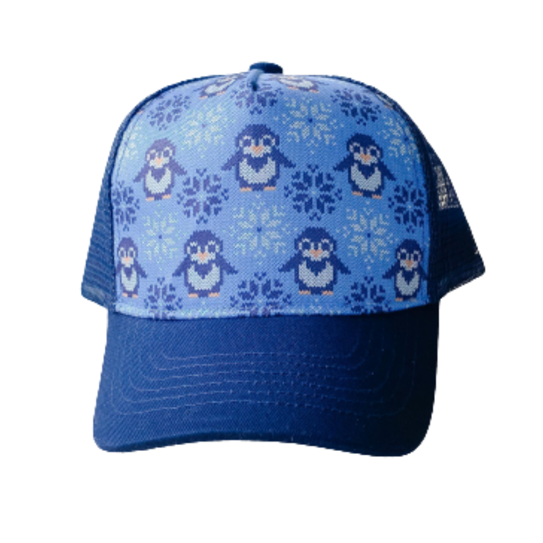 Toddler-sized trucker hat featuring a cozy penguin sweater design with a dark blue visor and mesh.