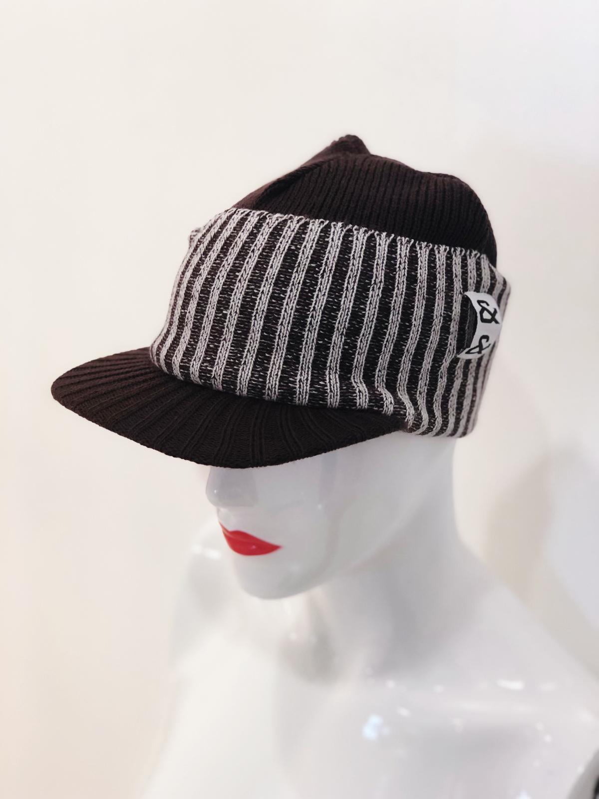 Peyton Brown Striped Visor Beanie showcasing stylish stripes and a protective visor.