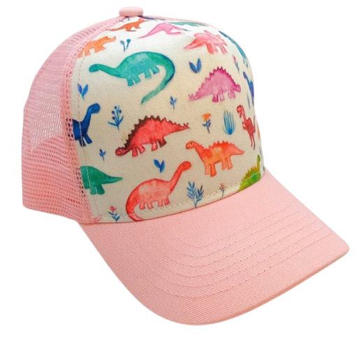 A vibrant pink trucker hat featuring a colorful watercolor dinosaur design, perfect for toddlers who love dinosaurs.