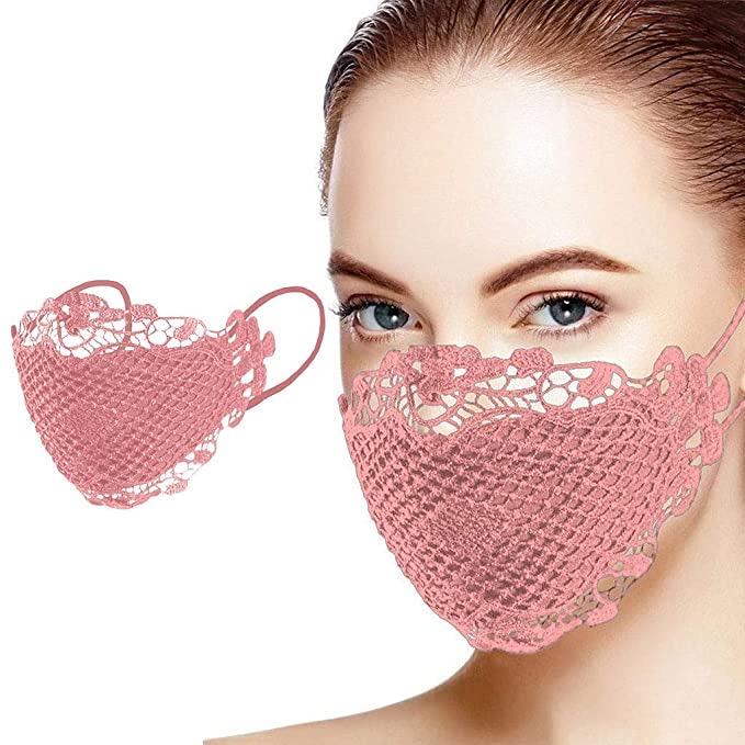 Elegant pink lace face mask from the Couture Collection, featuring a 3D design and adjustable ear-loops for a comfortable fit.