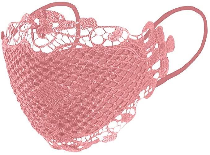 Elegant pink lace face mask from the Couture Collection, featuring a 3D design and adjustable ear-loops for a comfortable fit.