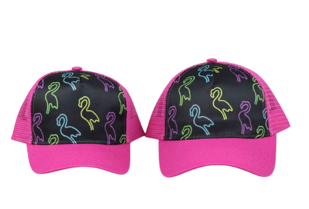 Pink Retro Flamingo Trucker Hat featuring a vibrant flamingo print and hot pink visor, perfect for summer outings.