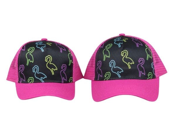 Pink Retro Flamingo Trucker Hat featuring a vibrant flamingo print and hot pink visor, perfect for summer outings.