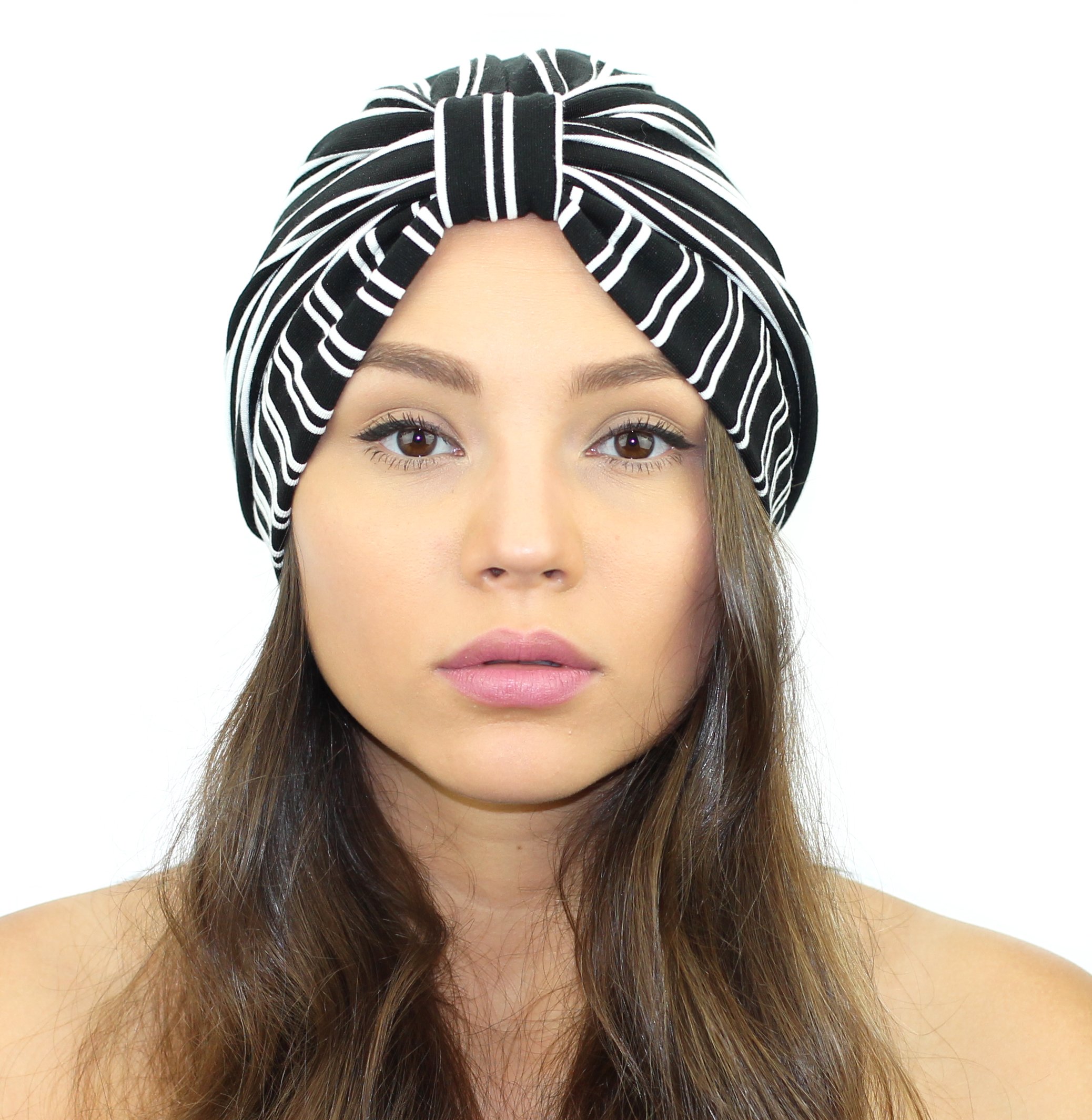 A stylish pinstripe turban headband made from soft double knit fabric, featuring a cinched back for a comfortable fit.