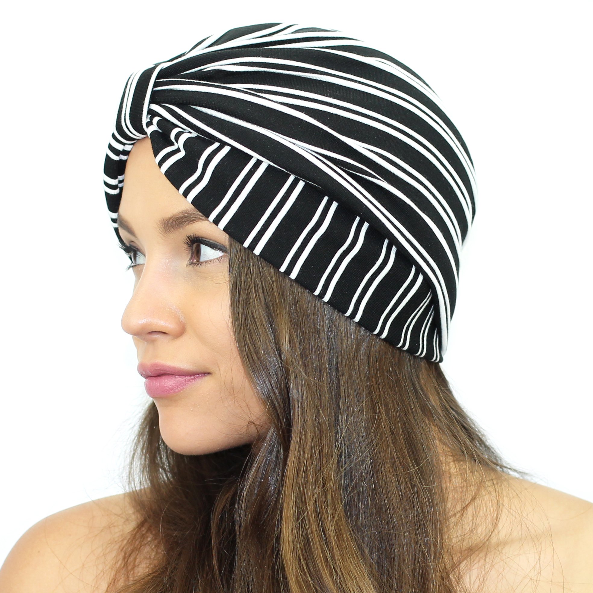 A stylish pinstripe turban headband made from soft double knit fabric, featuring a cinched back for a comfortable fit.