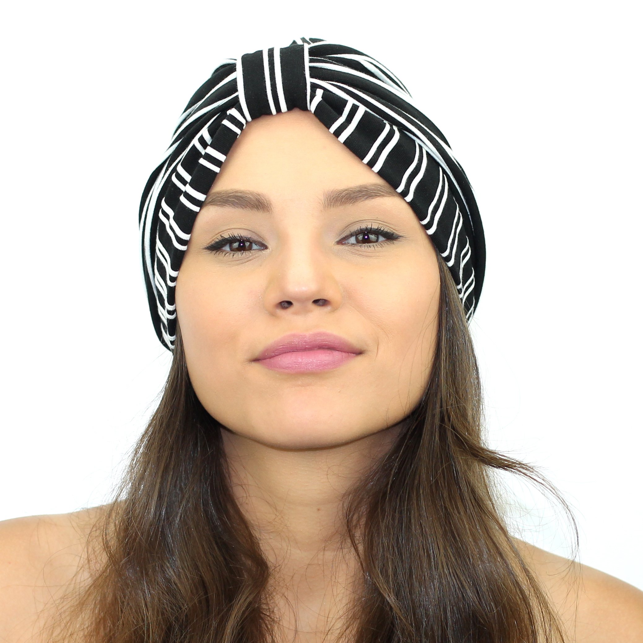 A stylish pinstripe turban headband made from soft double knit fabric, featuring a cinched back for a comfortable fit.