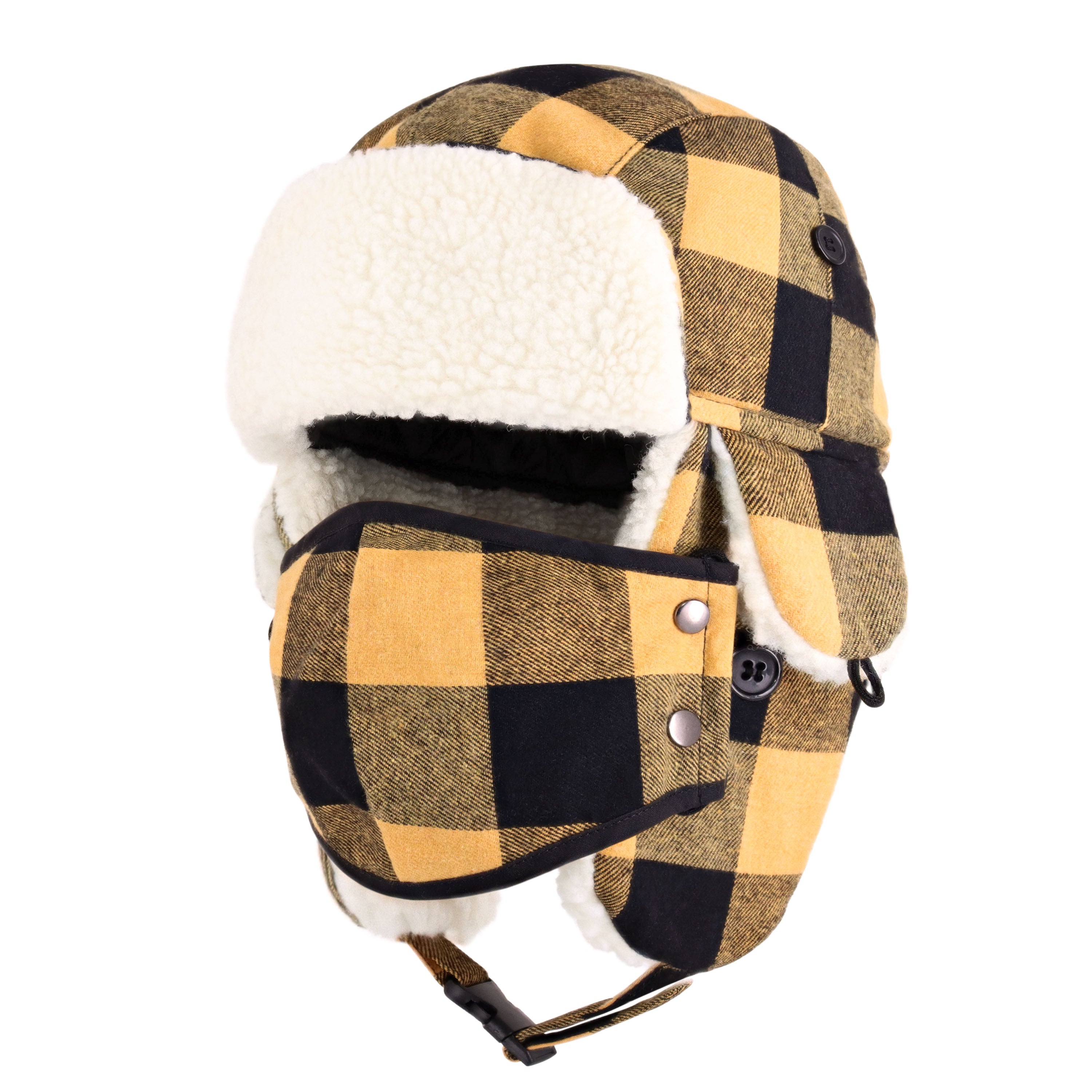 Plaid Trapper Hat in classic design, showcasing adjustable strap and warm fabric.