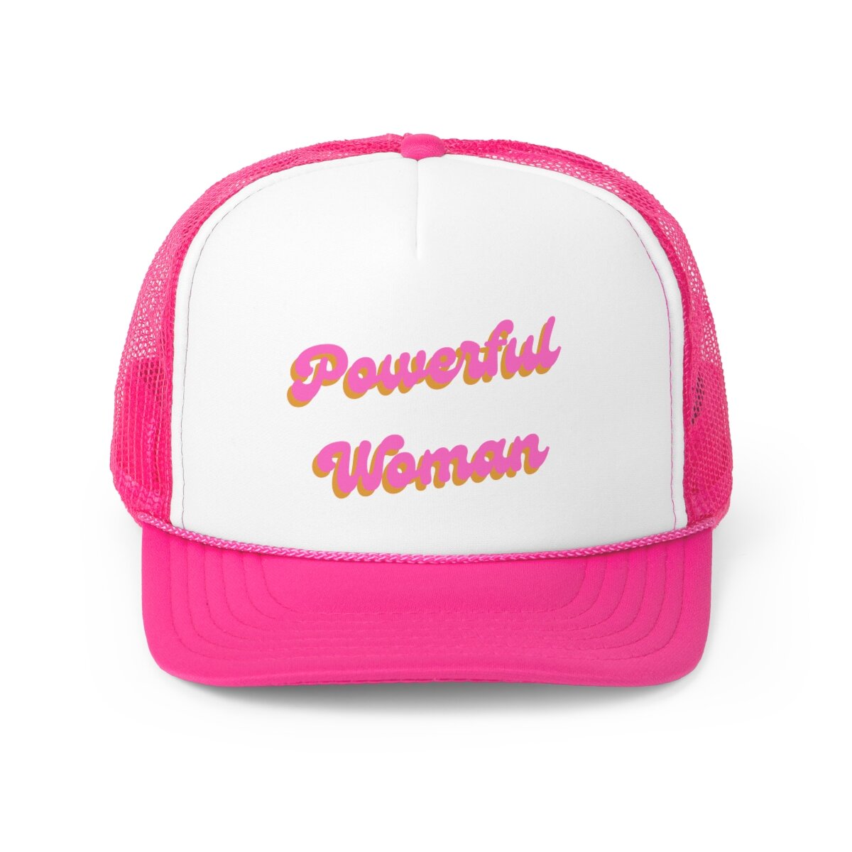 A stylish Powerful Woman Trucker Hat featuring a durable polyester front and breathable nylon mesh back, designed for strong women.