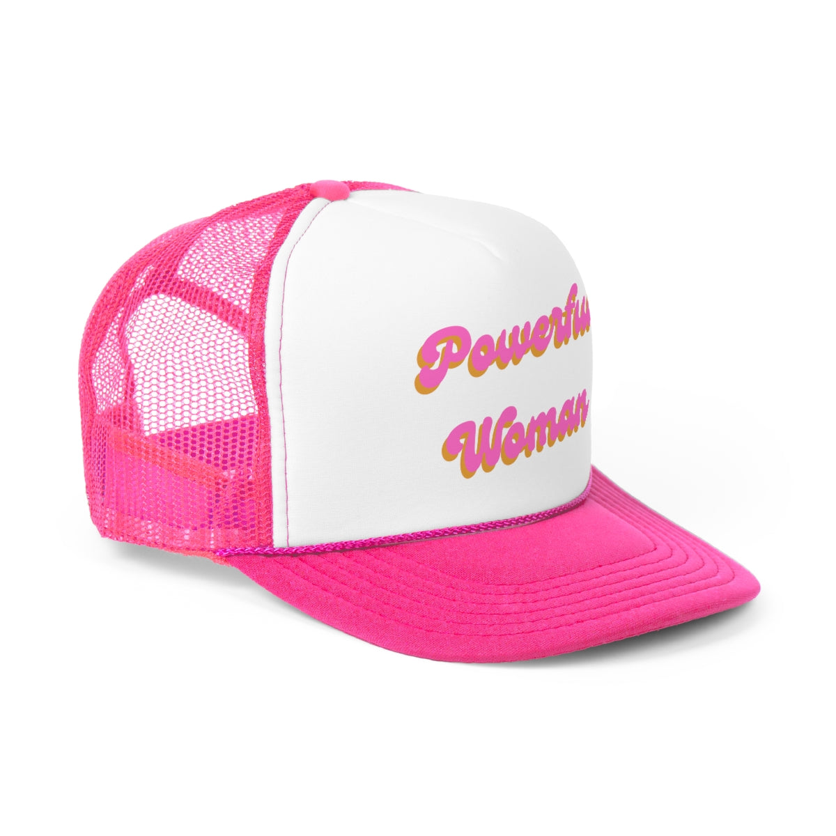 A stylish Powerful Woman Trucker Hat featuring a durable polyester front and breathable nylon mesh back, designed for strong women.