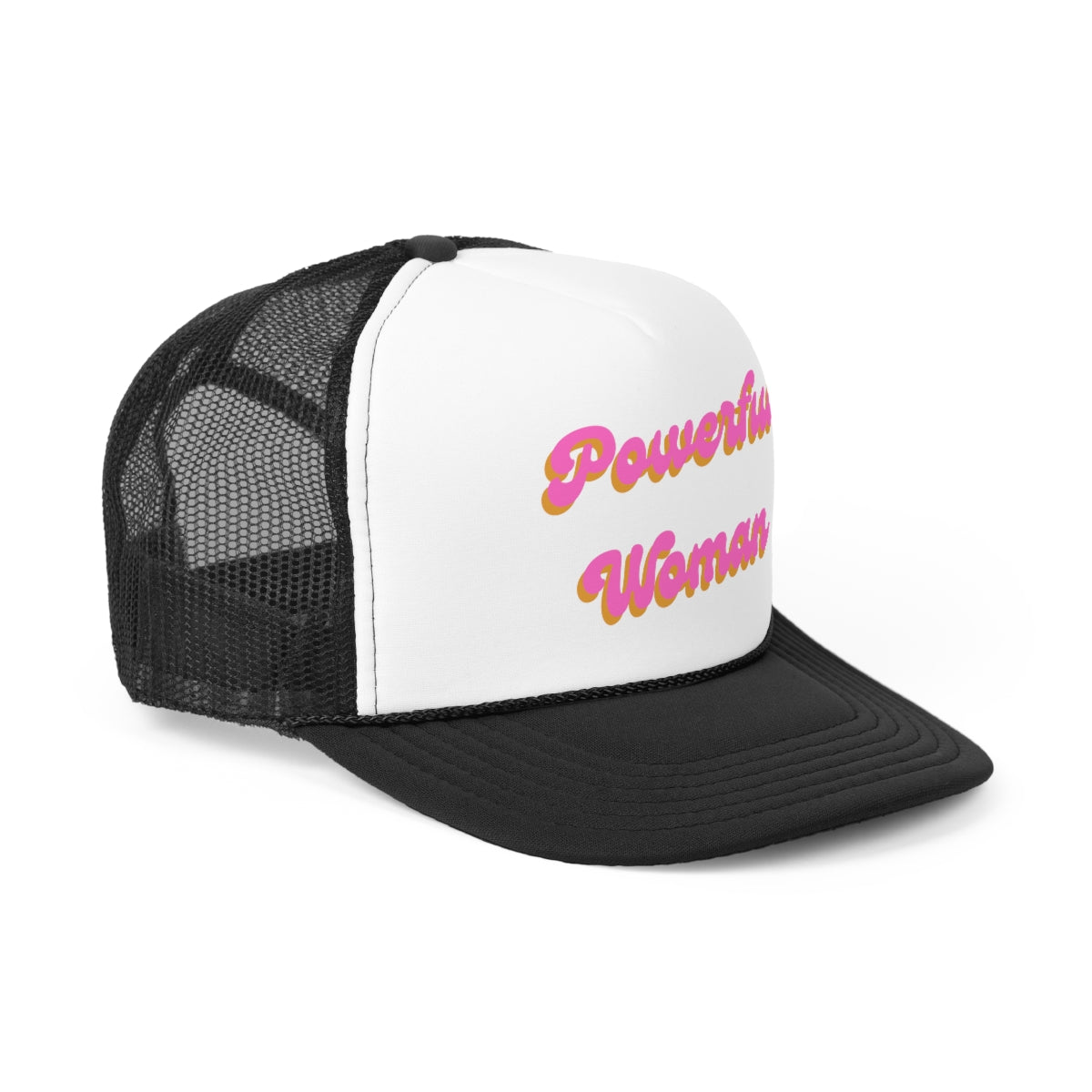 A stylish Powerful Woman Trucker Hat featuring a durable polyester front and breathable nylon mesh back, designed for strong women.