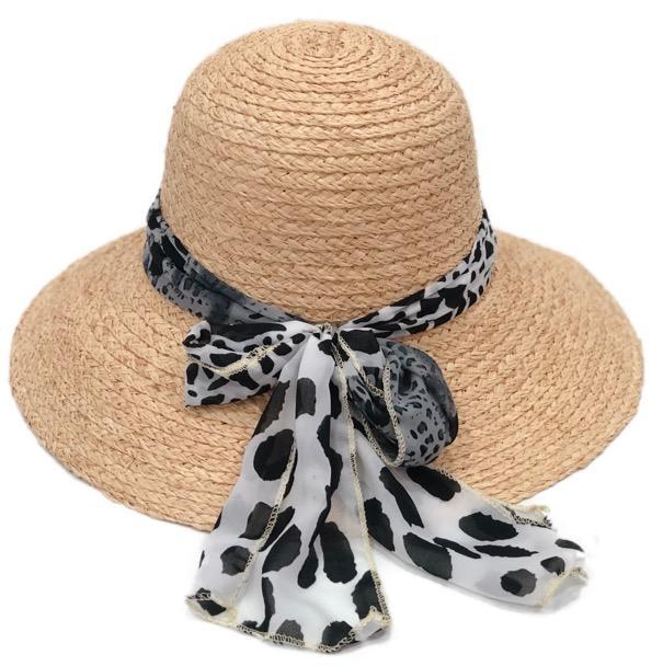 Raffia Leopard Sun Hat with chiffon scarf trim and 5-inch brim, perfect for summer sun protection.