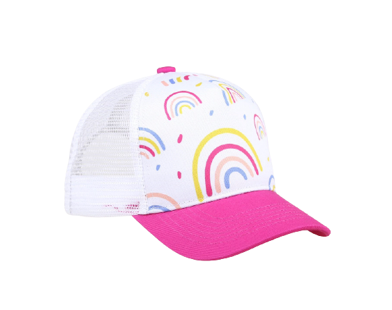 A vibrant Rainbow Trucker Hat featuring a rainbow design, raspberry curved visor, and white mesh back, suitable for all ages.