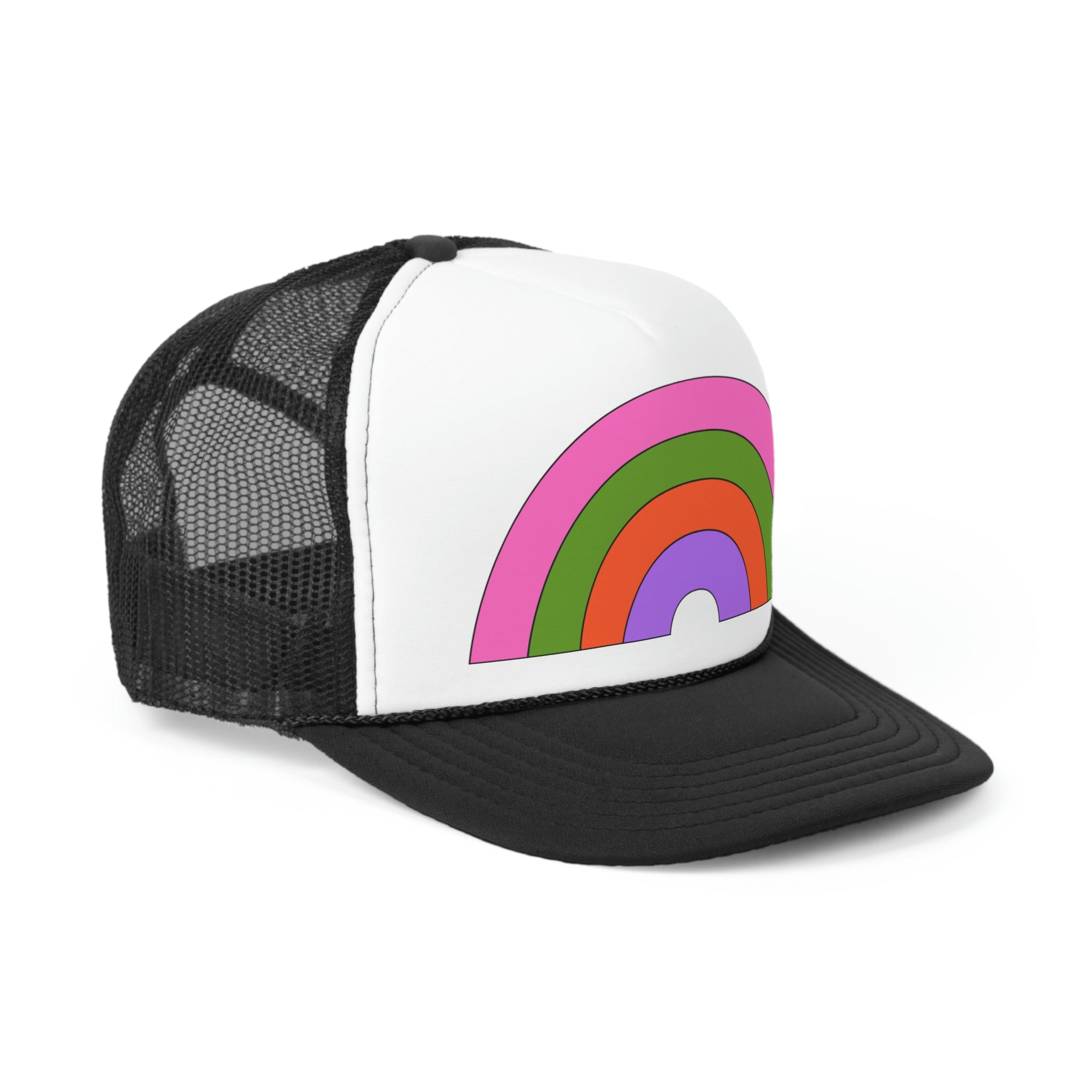 A colorful Retro Rainbow Trucker Hat featuring a vibrant rainbow design on the front and a breathable mesh back, perfect for casual wear.