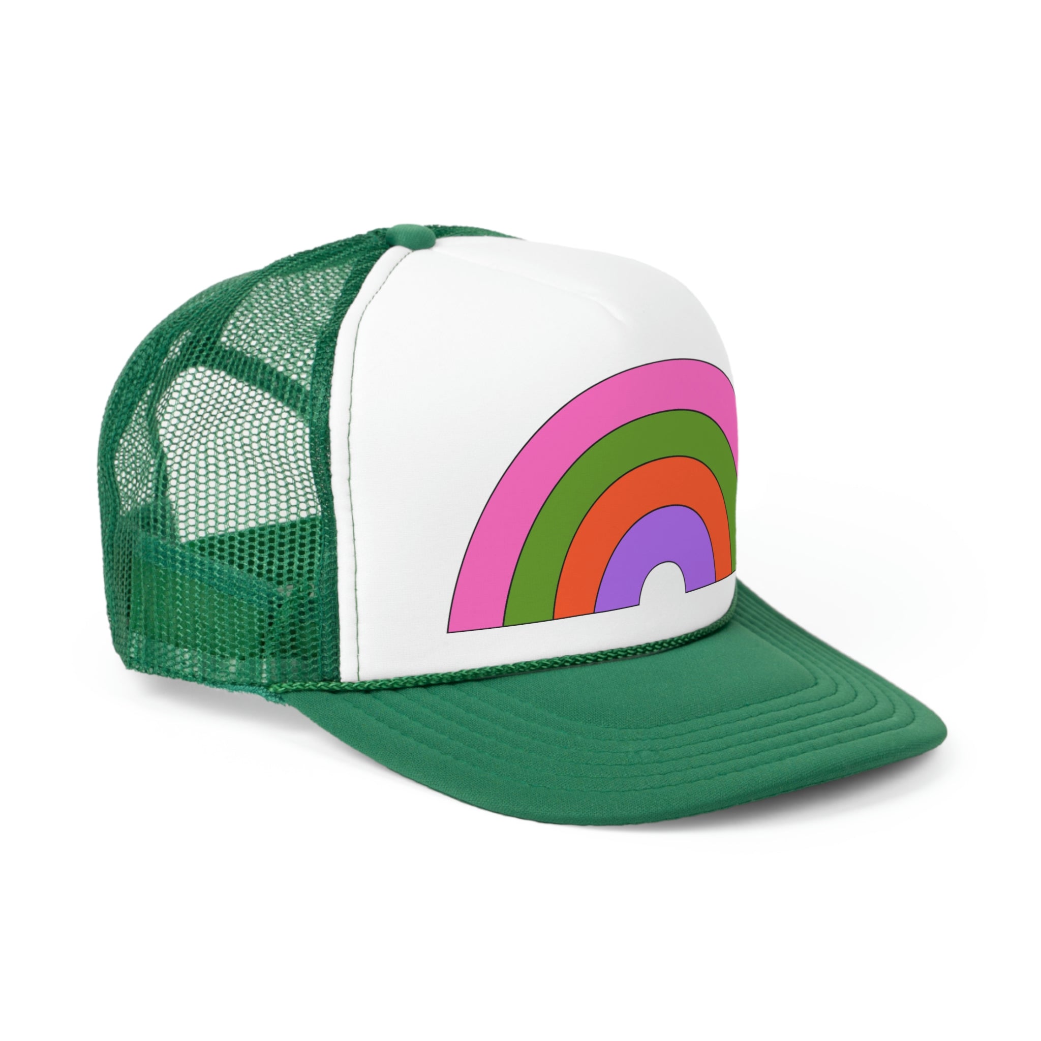 A colorful Retro Rainbow Trucker Hat featuring a vibrant rainbow design on the front and a breathable mesh back, perfect for casual wear.