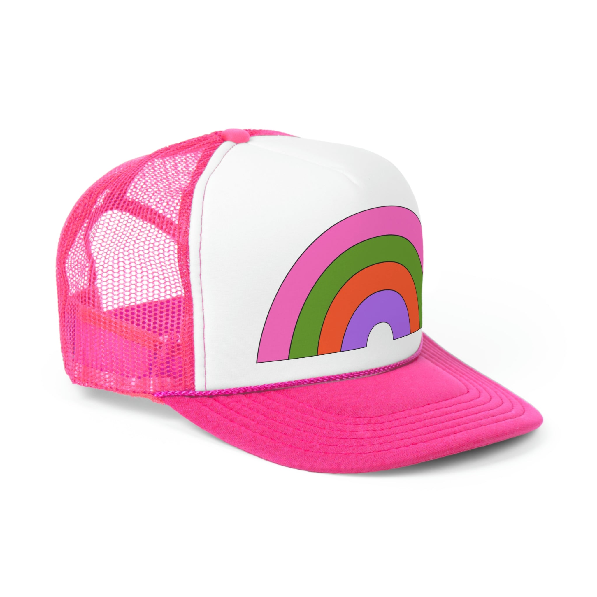 A colorful Retro Rainbow Trucker Hat featuring a vibrant rainbow design on the front and a breathable mesh back, perfect for casual wear.