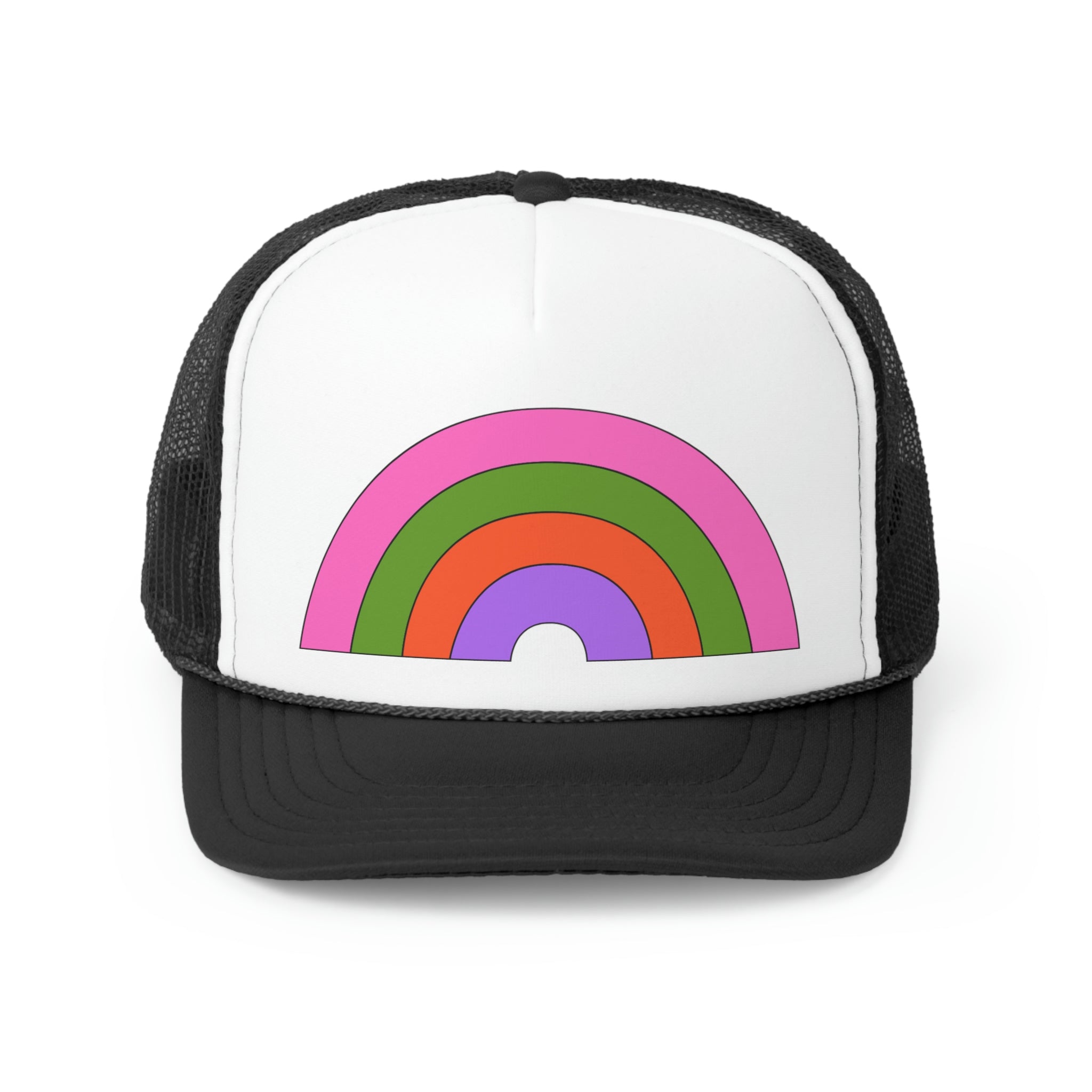 A colorful Retro Rainbow Trucker Hat featuring a vibrant rainbow design on the front and a breathable mesh back, perfect for casual wear.