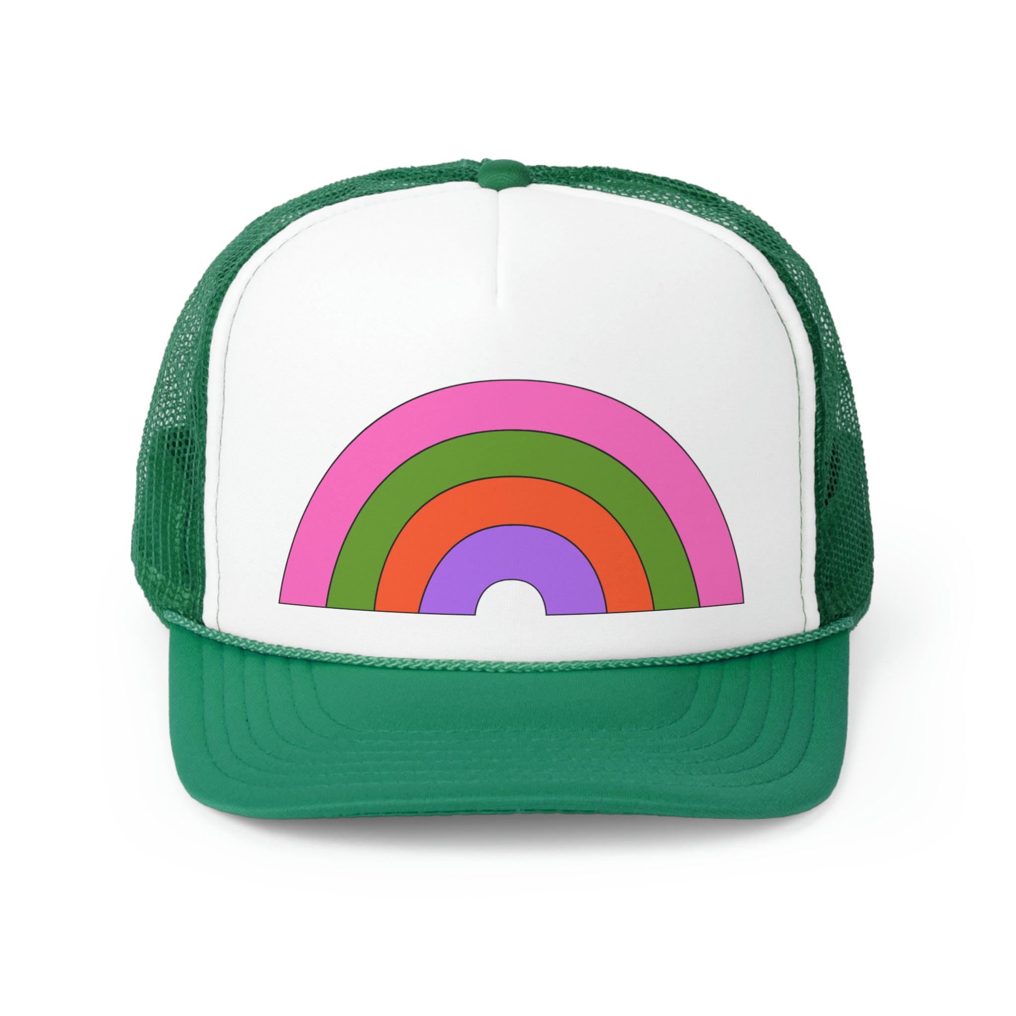 A colorful Retro Rainbow Trucker Hat featuring a vibrant rainbow design on the front and a breathable mesh back, perfect for casual wear.