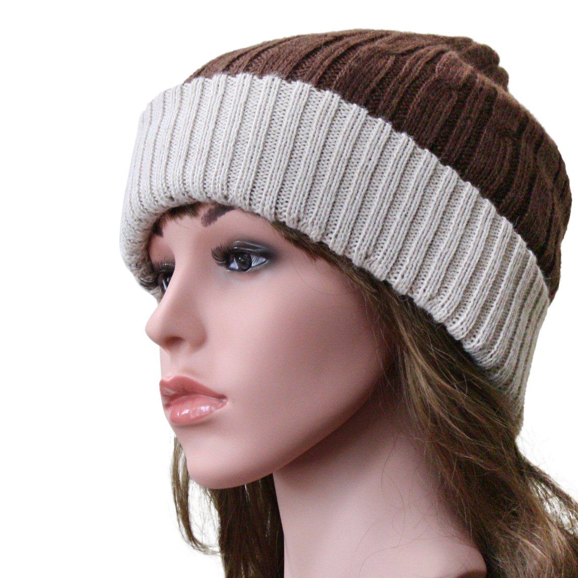 Reversible Cabled 100% Alpaca Knit Hat showcasing brown and tan colors, featuring a classic cabled design, perfect for winter wear.