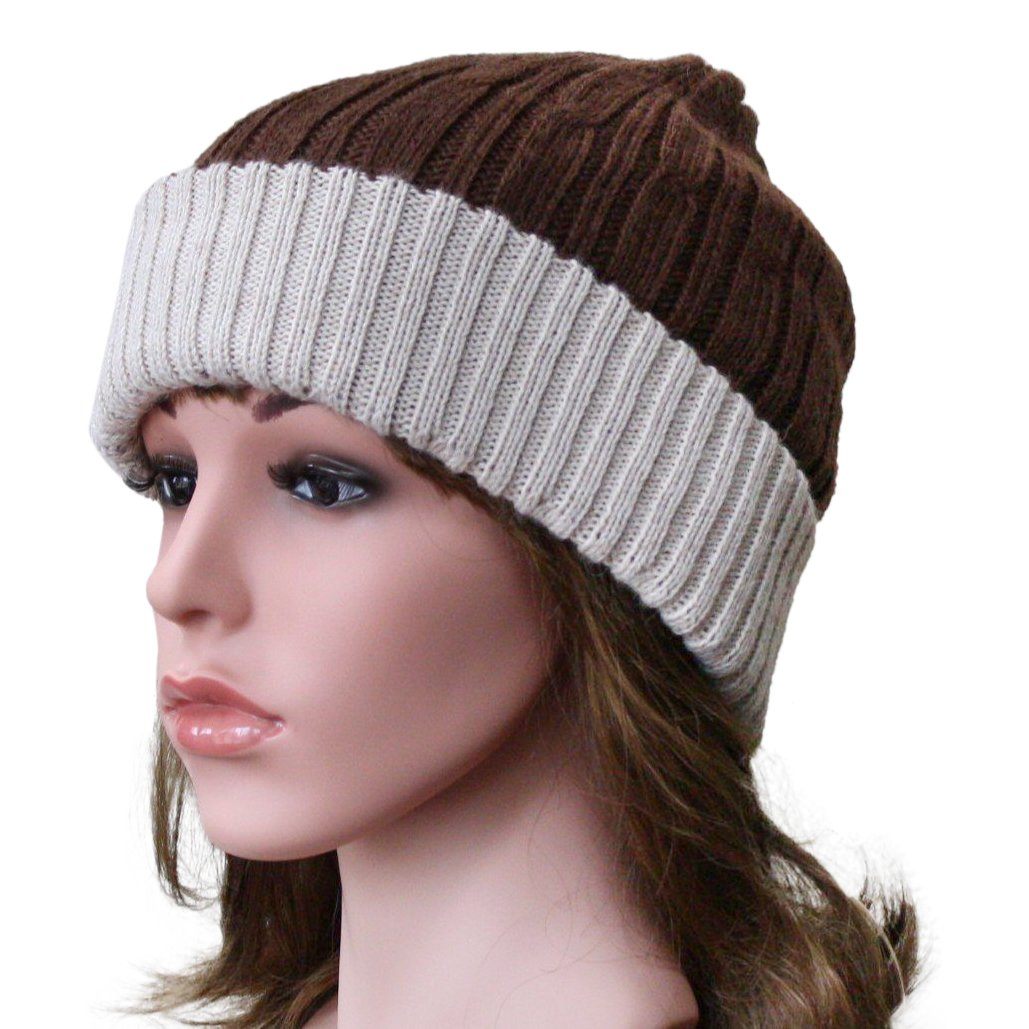 Reversible Cabled 100% Alpaca Knit Hat showcasing brown and tan colors, featuring a classic cabled design, perfect for winter wear.