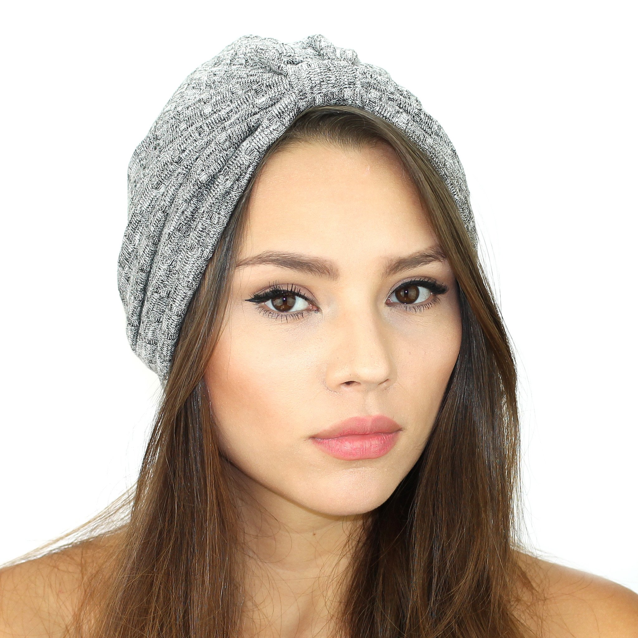 A stylish rib knit sweater turban in soft fabric, featuring a cinched back design for a comfortable fit, perfect for winter wear.