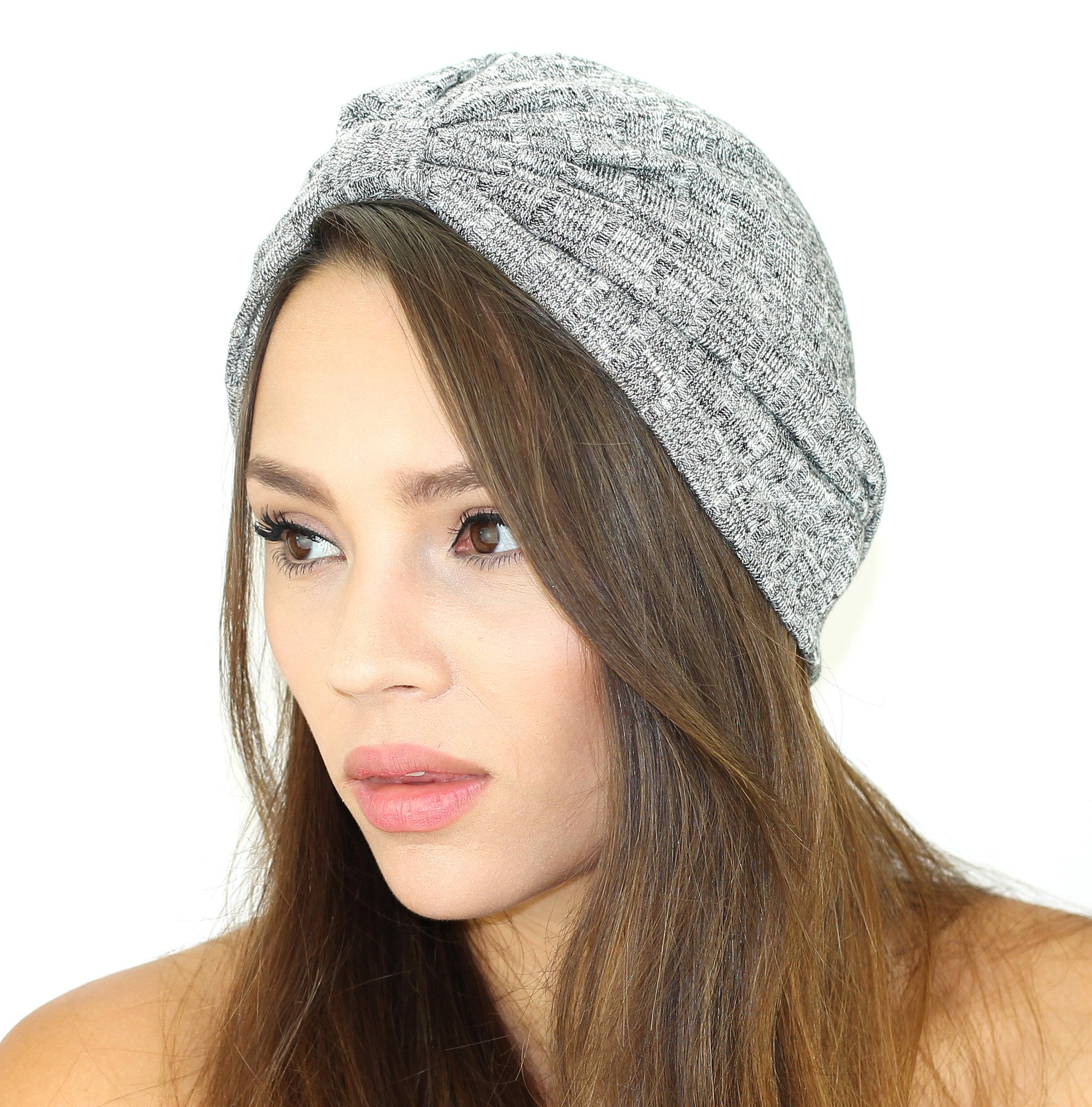 A stylish rib knit sweater turban in soft fabric, featuring a cinched back design for a comfortable fit, perfect for winter wear.