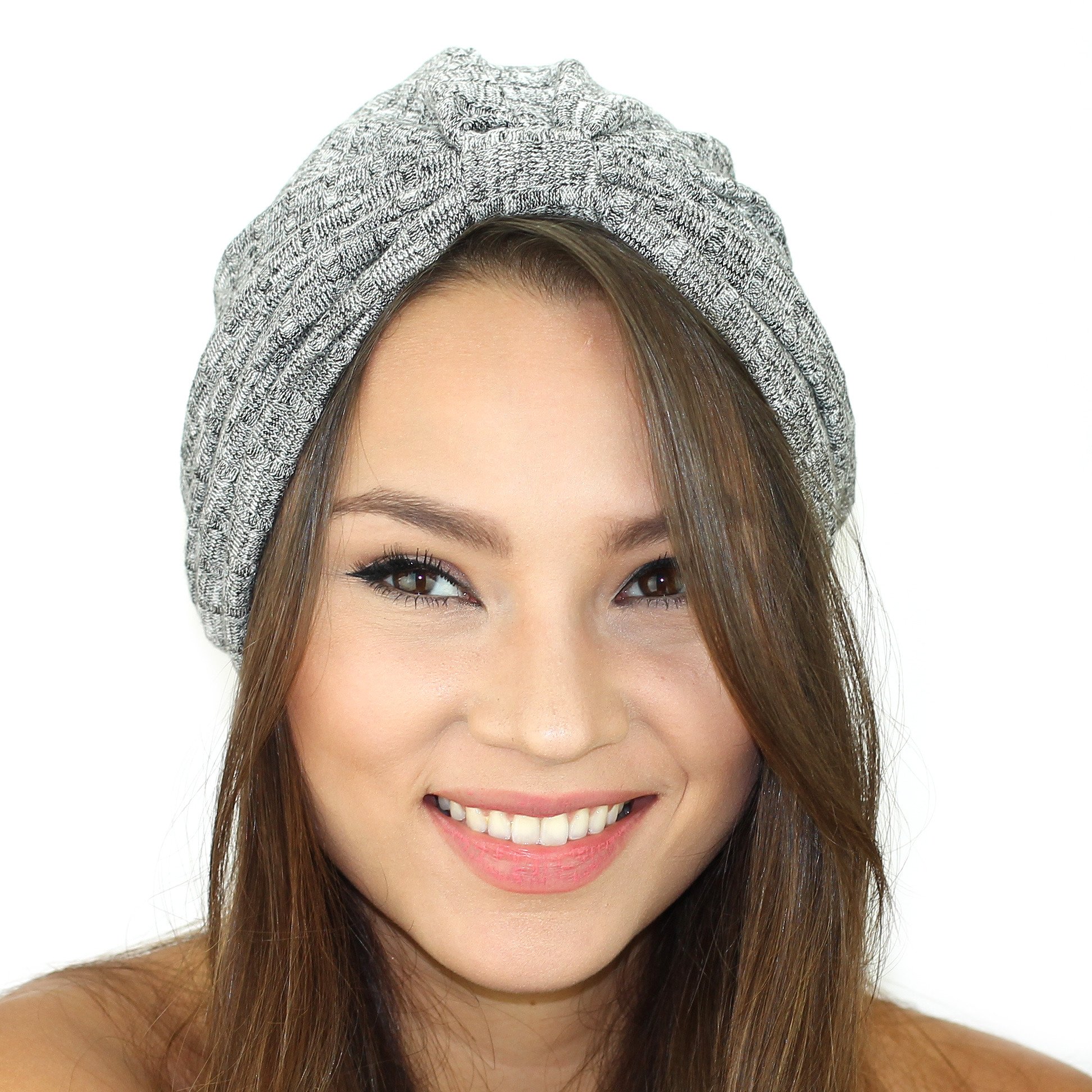 A stylish rib knit sweater turban in soft fabric, featuring a cinched back design for a comfortable fit, perfect for winter wear.