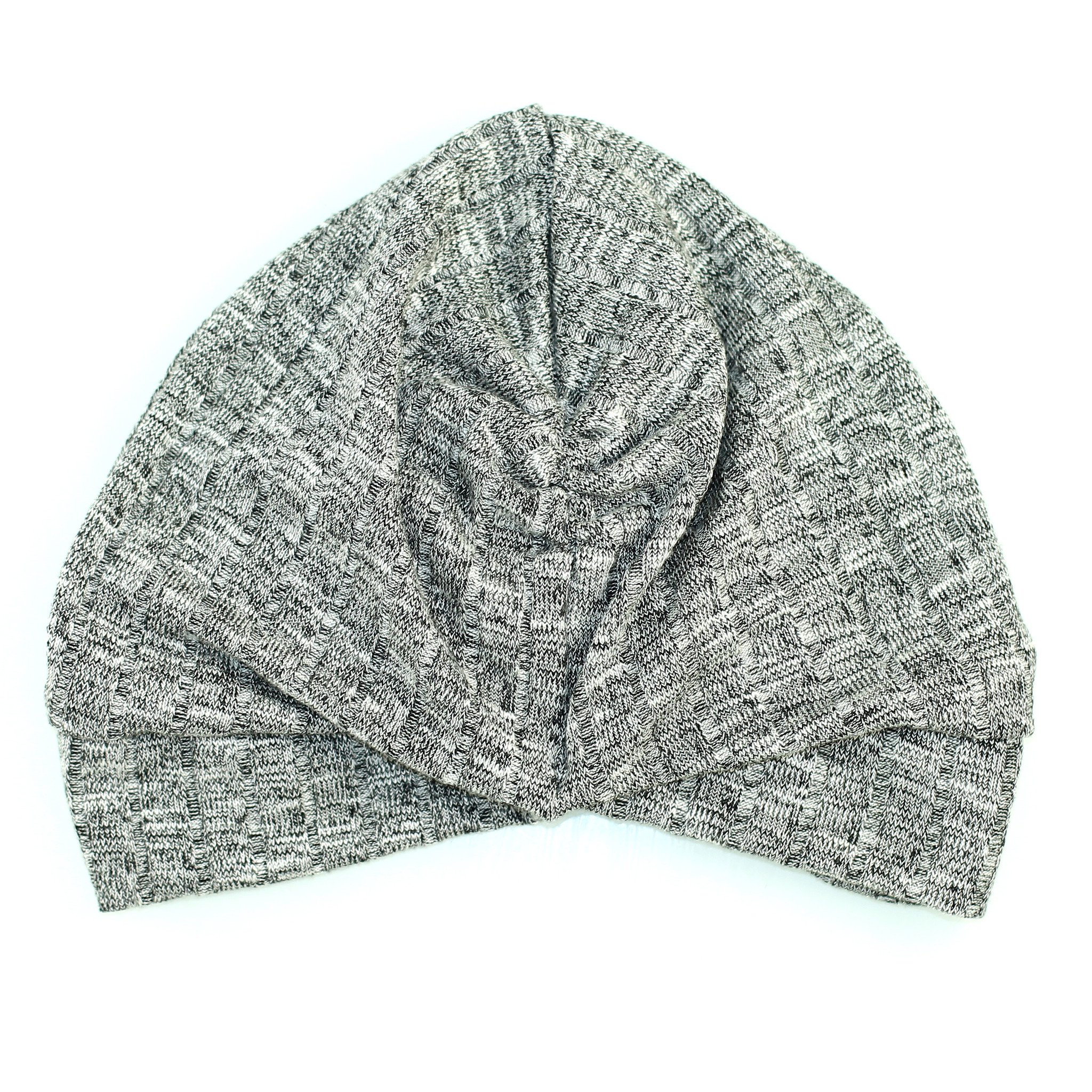 A stylish rib knit sweater turban in soft fabric, featuring a cinched back design for a comfortable fit, perfect for winter wear.