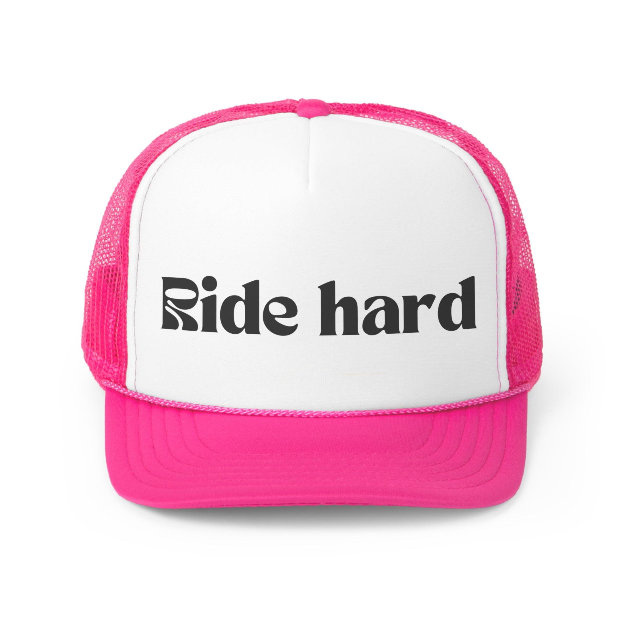 Ride Hard Funny Trucker Hat featuring a humorous design with adjustable snap closure and breathable mesh back.