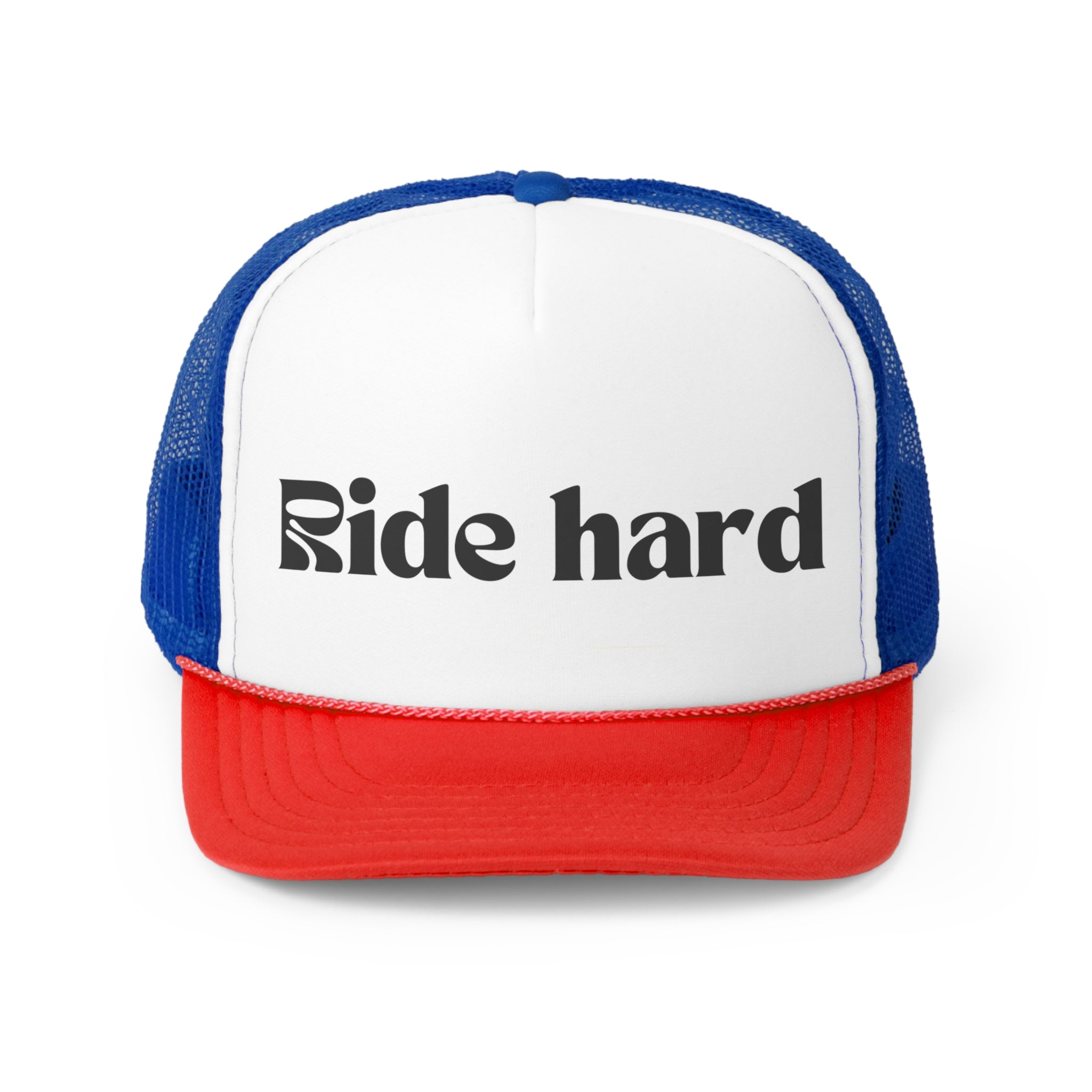 Ride Hard Funny Trucker Hat featuring a humorous design with adjustable snap closure and breathable mesh back.