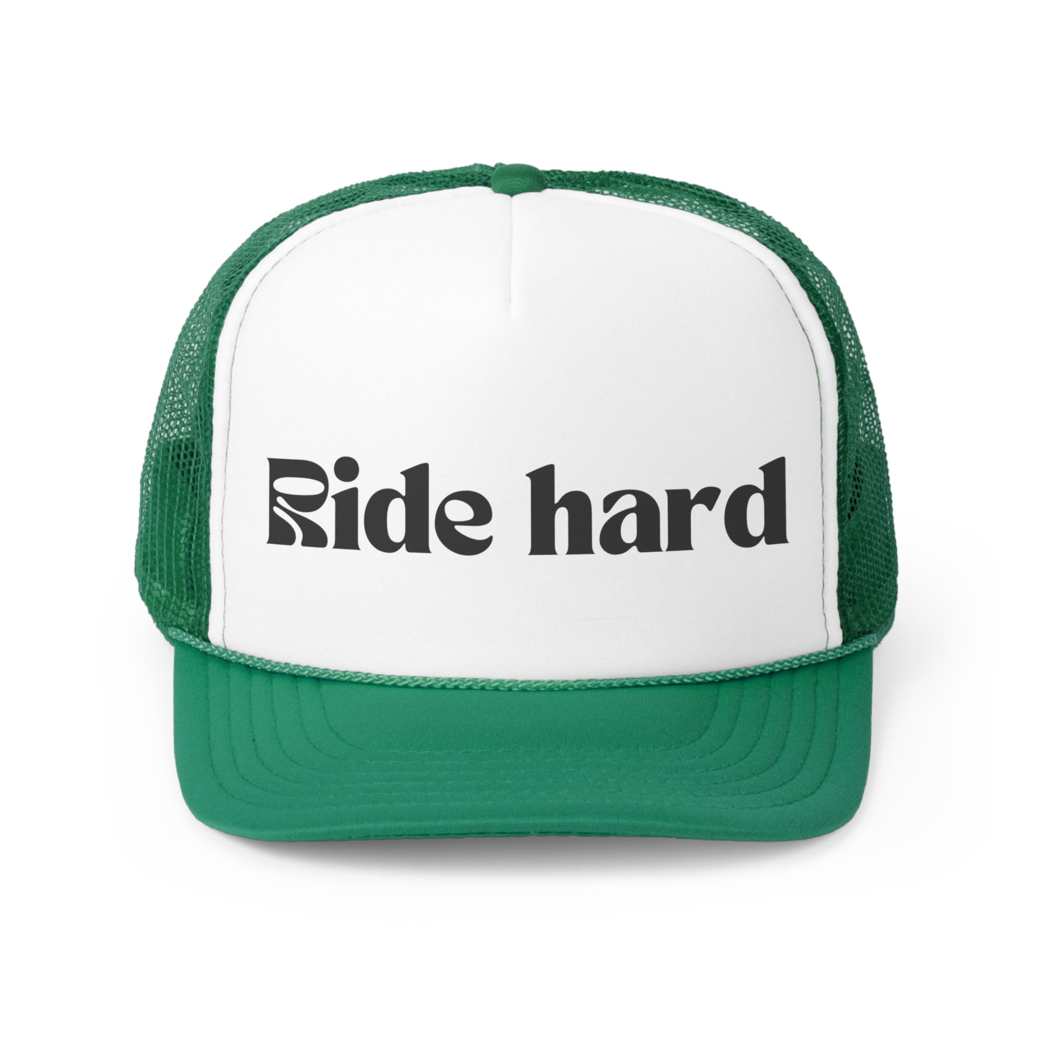 Ride Hard Funny Trucker Hat featuring a humorous design with adjustable snap closure and breathable mesh back.