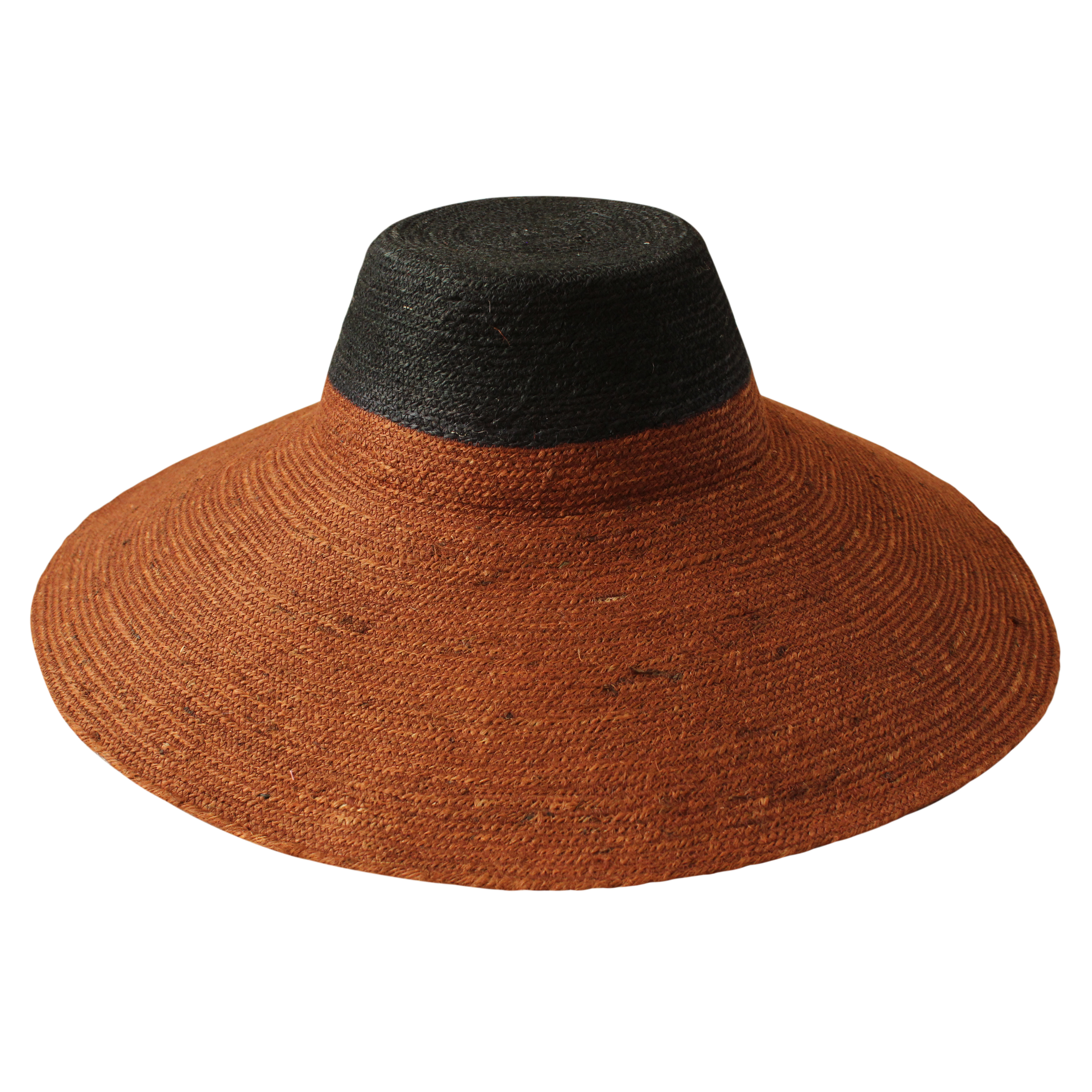 RIRI DUO Jute Straw Hat in burnt sienna and black, featuring a sculpted crown and wide brim, perfect for sun protection.