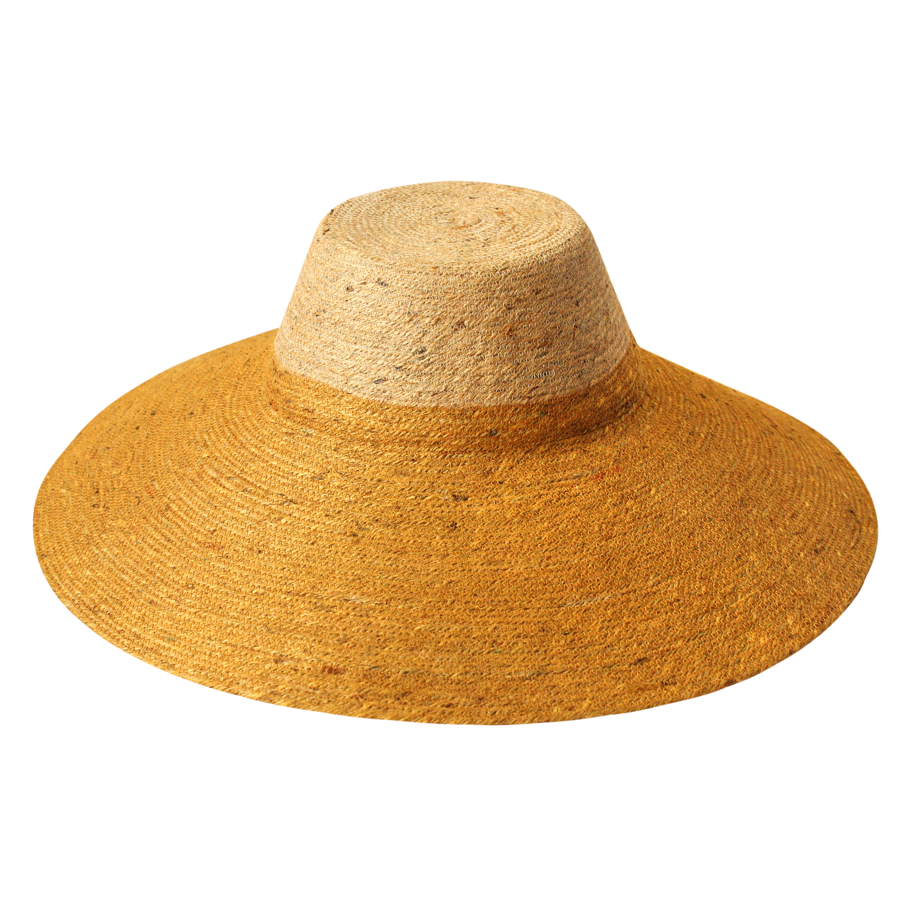 RIRI DUO Jute Straw Hat in nude and golden yellow, featuring a sculpted crown and wide brim, perfect for summer outings.