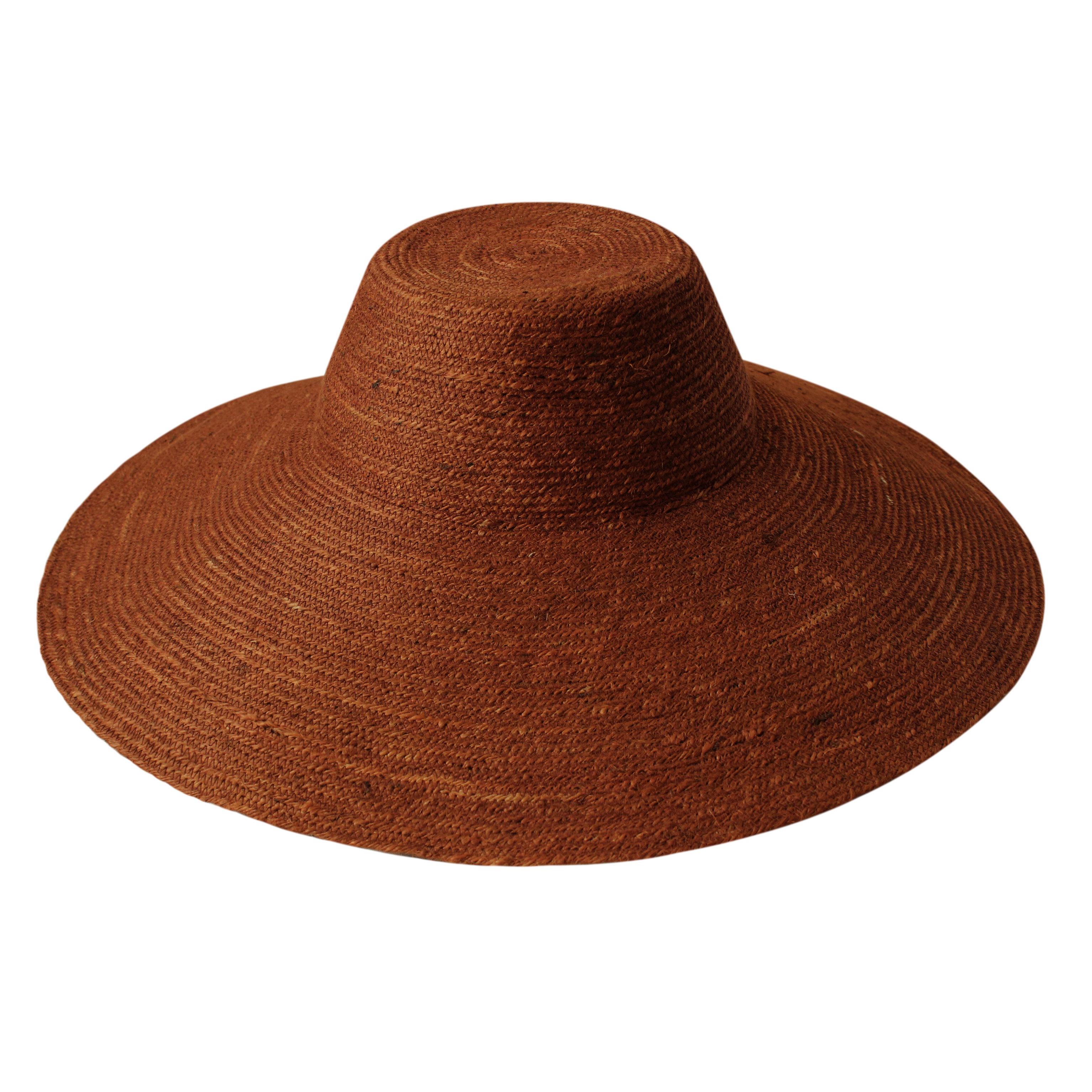 RIRI Jute Handwoven Straw Hat in Burnt Sienna with a wide brim, showcasing its natural jute texture and stylish design.