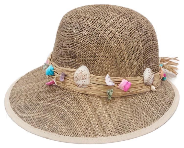 Sally SeaShells Seagrass Visor showcasing its stylish design and wide brim for sun protection.