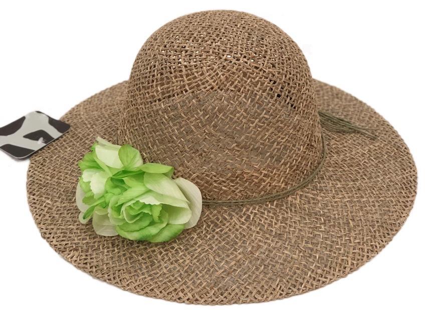 A stylish Seagrass Flower Sun Hat with a 4.5-inch brim and beautiful flower trim, perfect for sunny days.