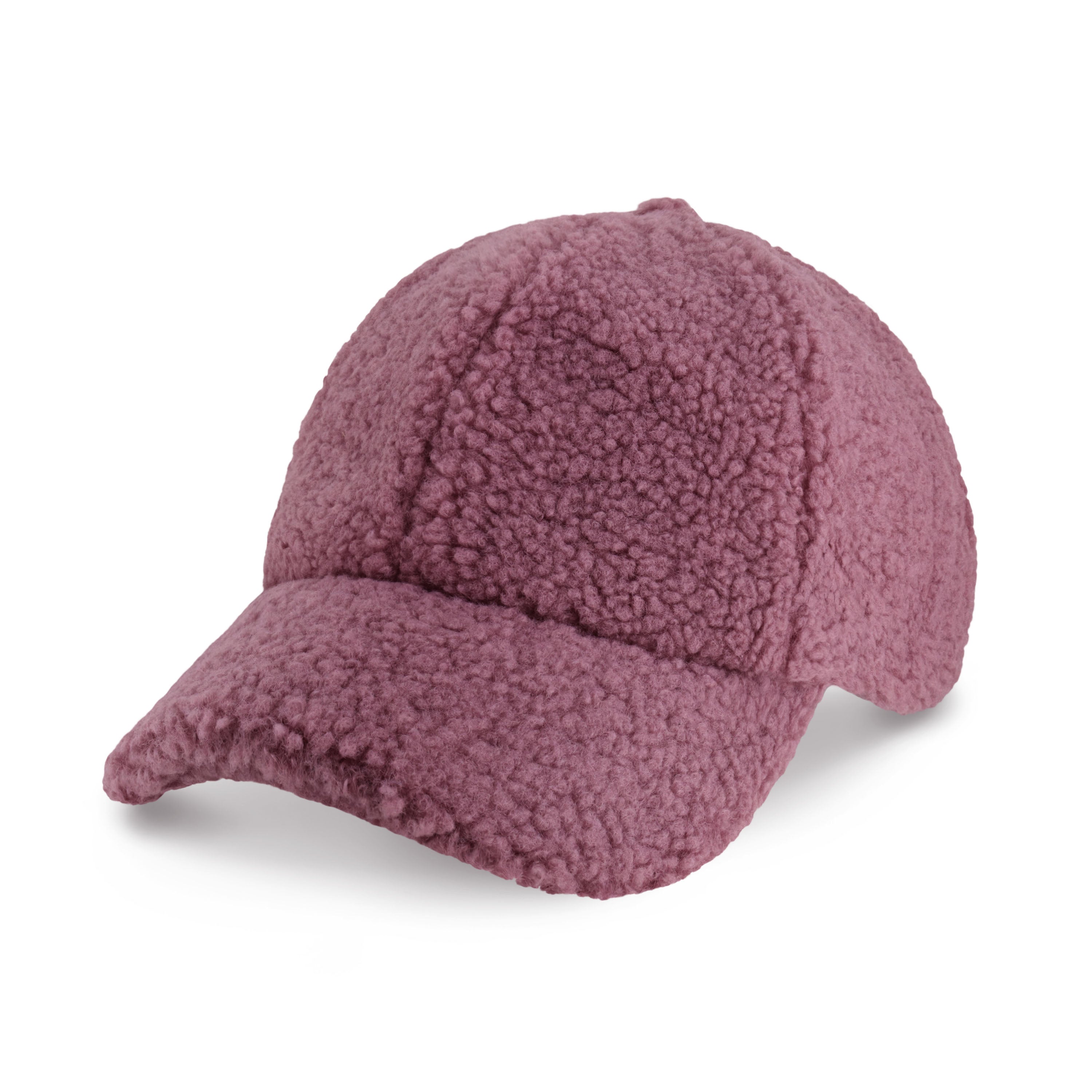 Sherpa Baseball Cap made from soft teddy-like material, featuring a moldable front bill and hook and loop closure.