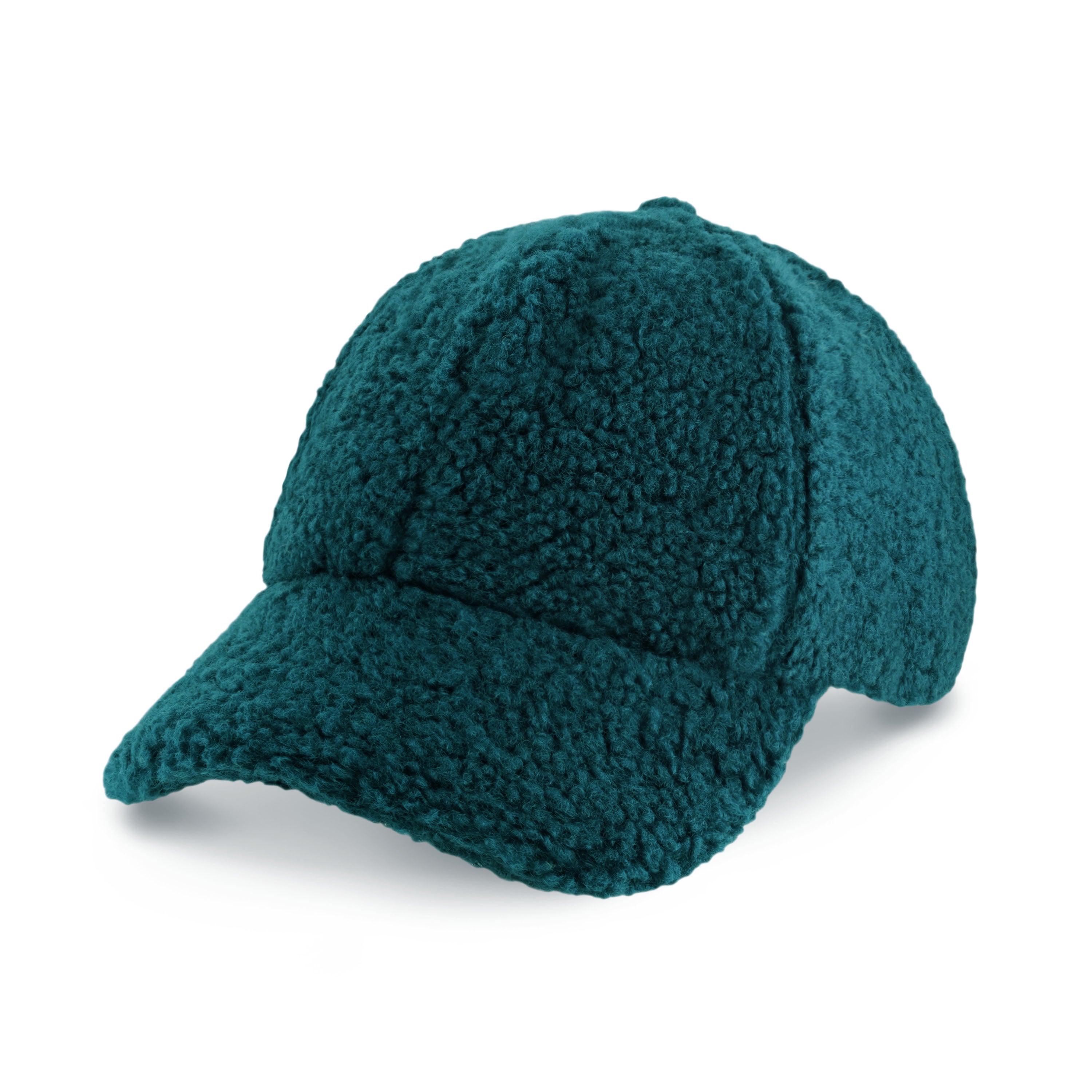 Sherpa Baseball Cap made from soft teddy-like material, featuring a moldable front bill and hook and loop closure.