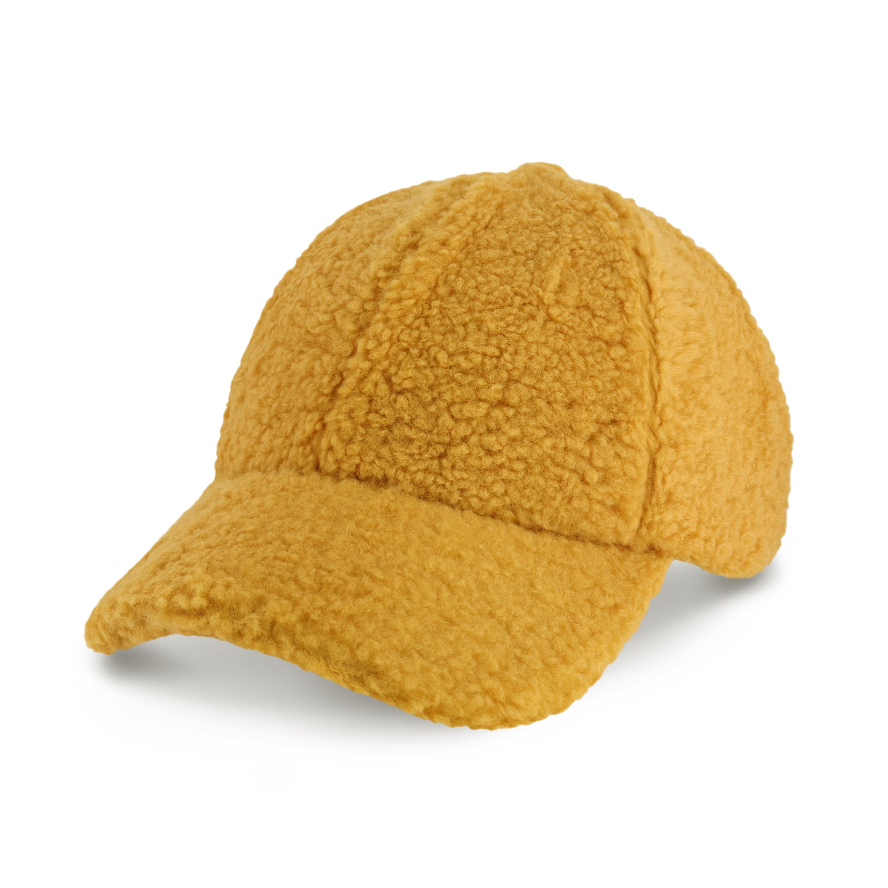 Sherpa Baseball Cap made from soft teddy-like material, featuring a moldable front bill and hook and loop closure.