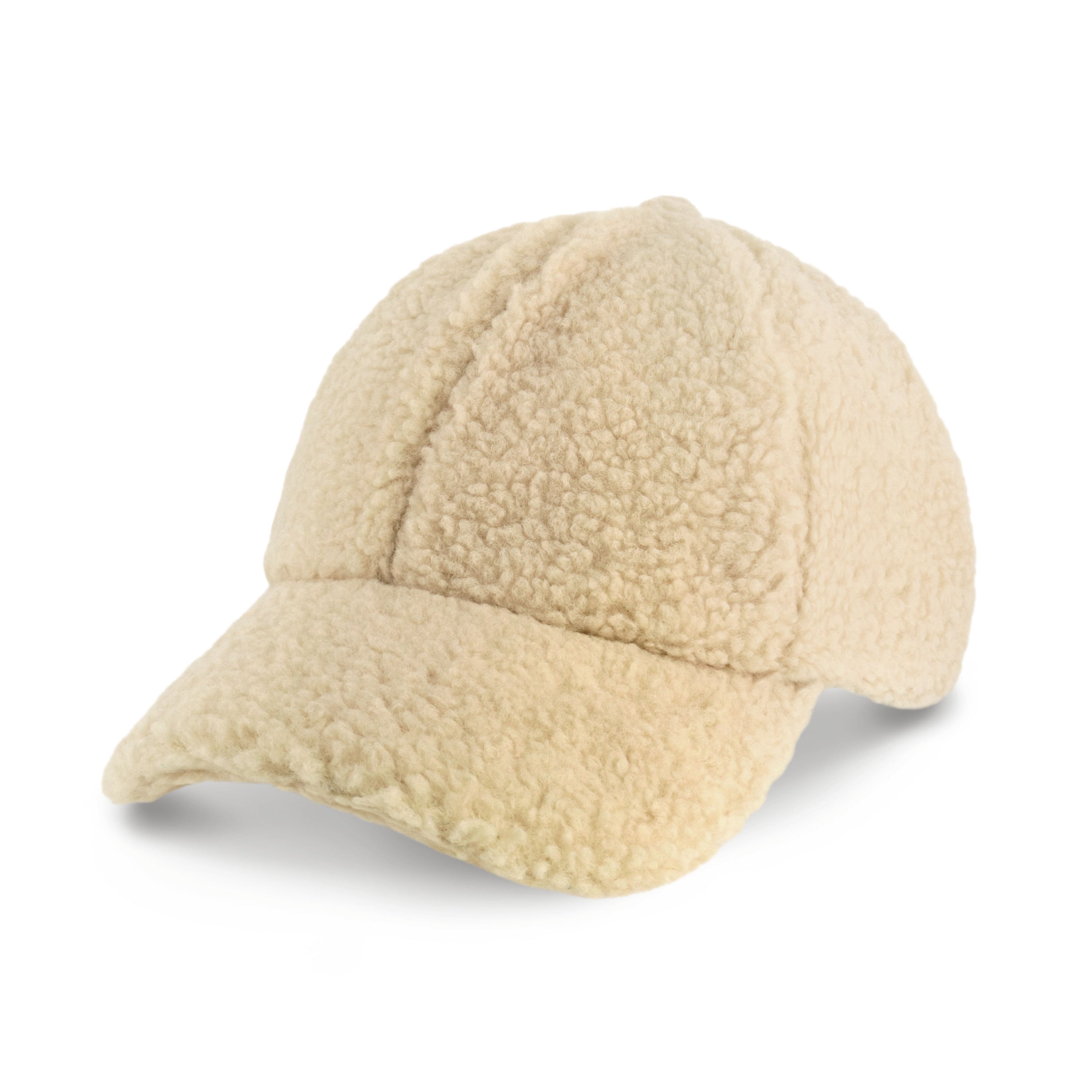 Sherpa Baseball Cap made from soft teddy-like material, featuring a moldable front bill and hook and loop closure.