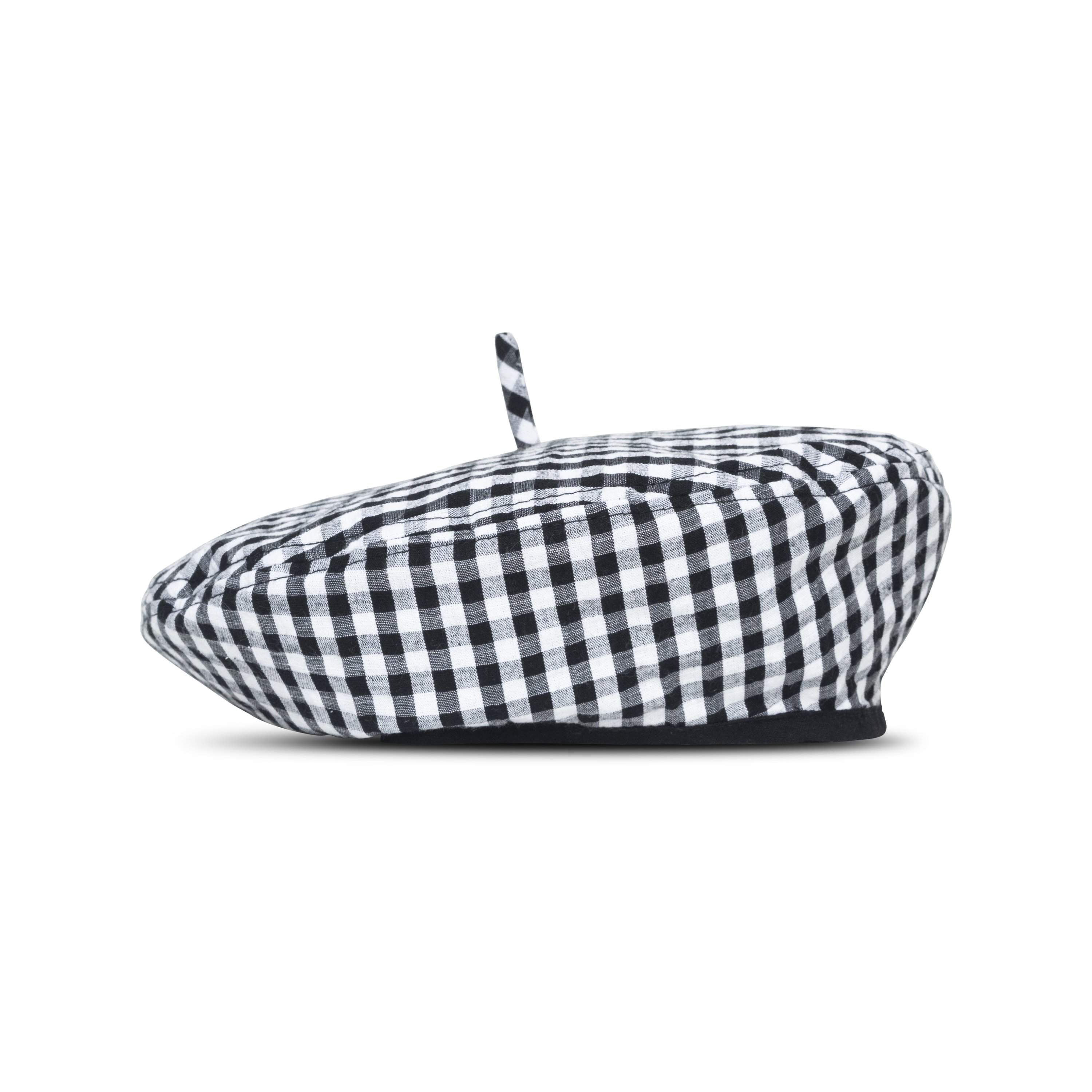 SIMONE Gingham Beret Hat in Black, made from soft gingham cotton with a comfy linen lining, showcasing its stylish design.